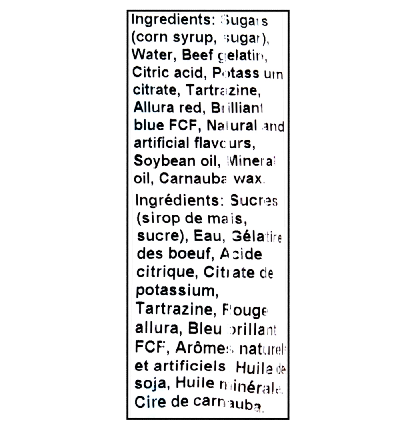 Ingredients list for Canada Candy Jumbo Gummi Grizzly Bears 2.5kg – Peanut Free, Kosher & Halal