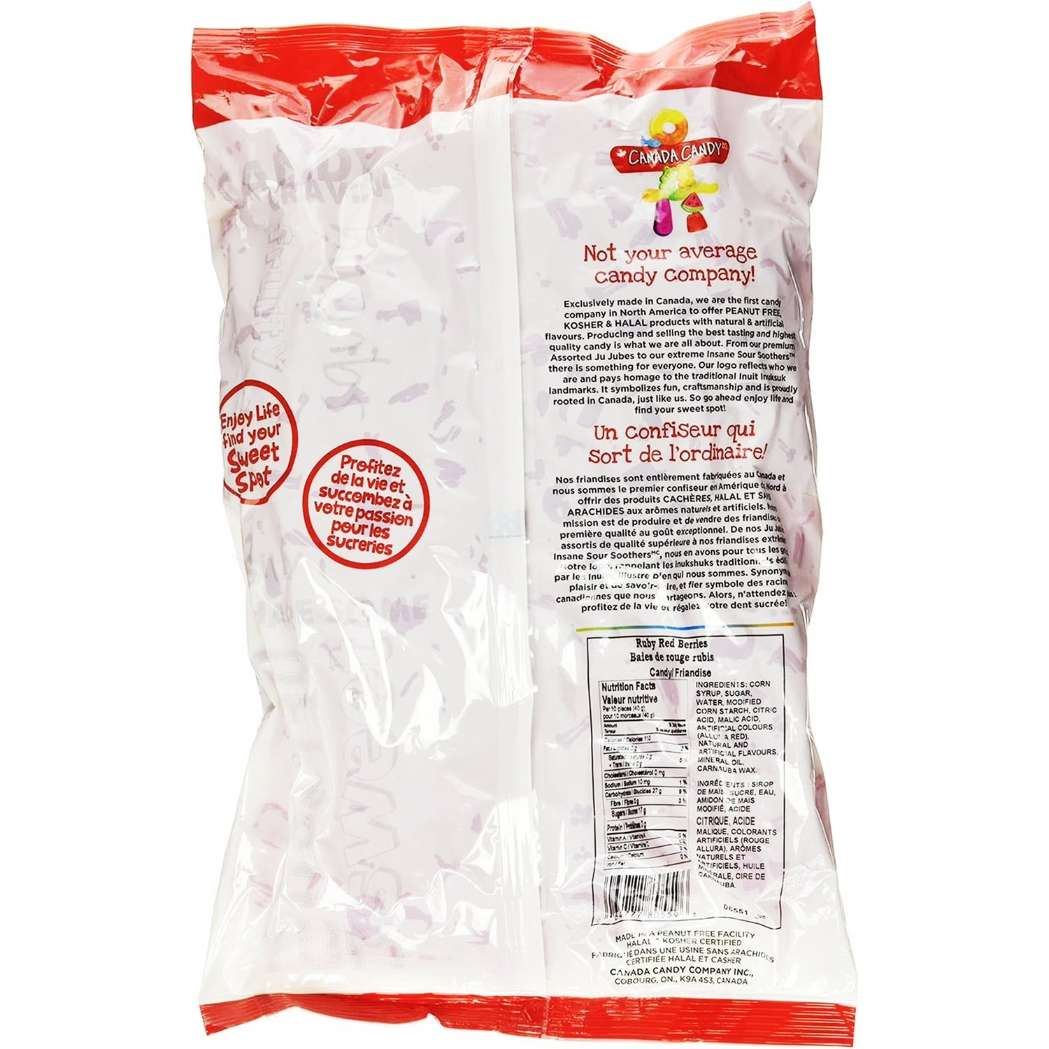 Back of Canada Candy Ruby Red Berries 2.5kg bag – certifications and product details