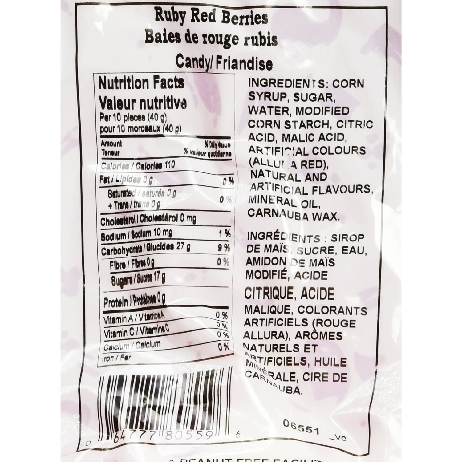 Nutrition facts, ingredients and UPC for Canada Candy Ruby Red Berries 2.5kg