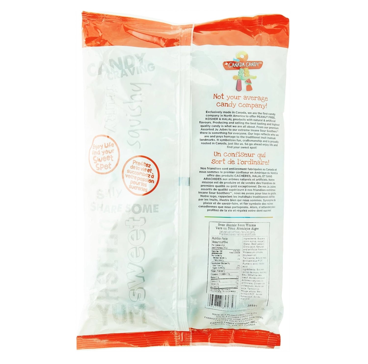 Back of Canada Candy Sour Atomic Neon Worms 2.5kg bag – certifications and product details