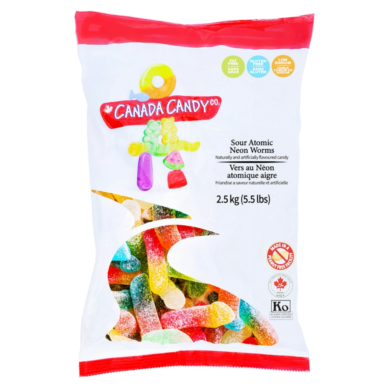 Canada Candy Sour Atomic Neon Worms 2.5kg bag, front packaging – Kosher & Halal certified
