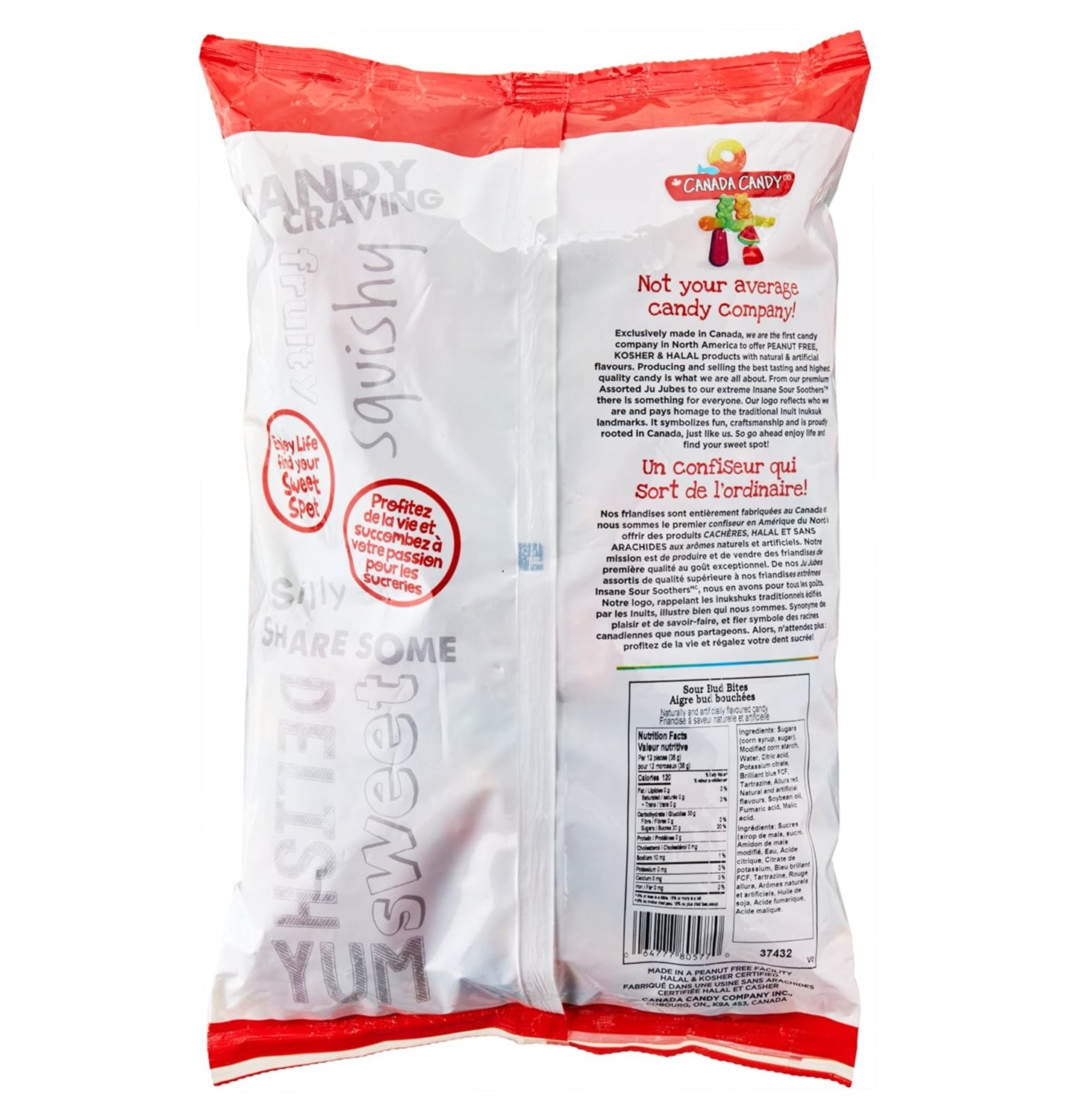 Back of Canada Candy Sour Bud Bites 2.5kg bag – certifications and product details