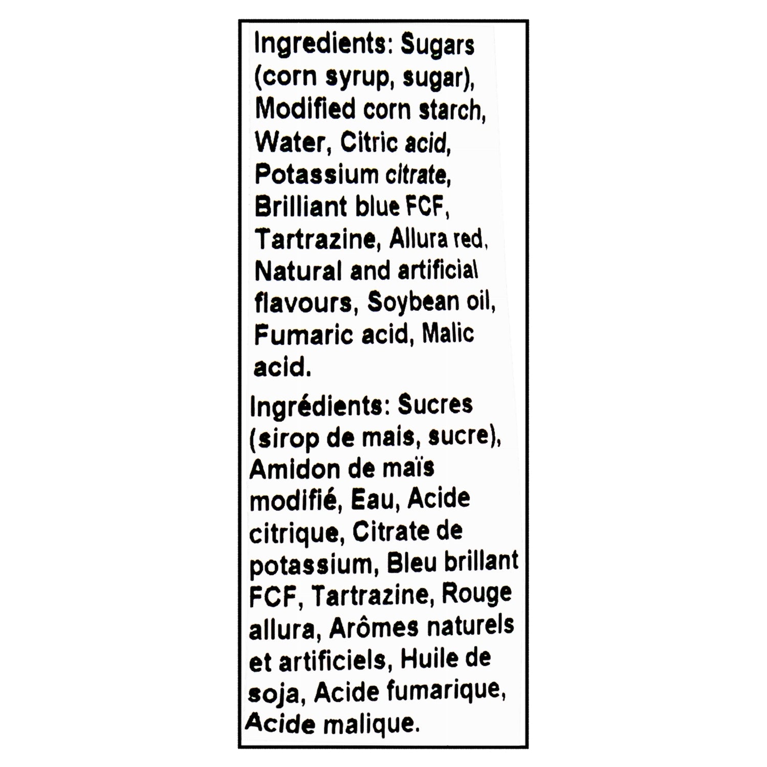 Ingredients list for Canada Candy Sour Bud Bites 2.5kg – Peanut Free, Gluten Free, Kosher & Halal