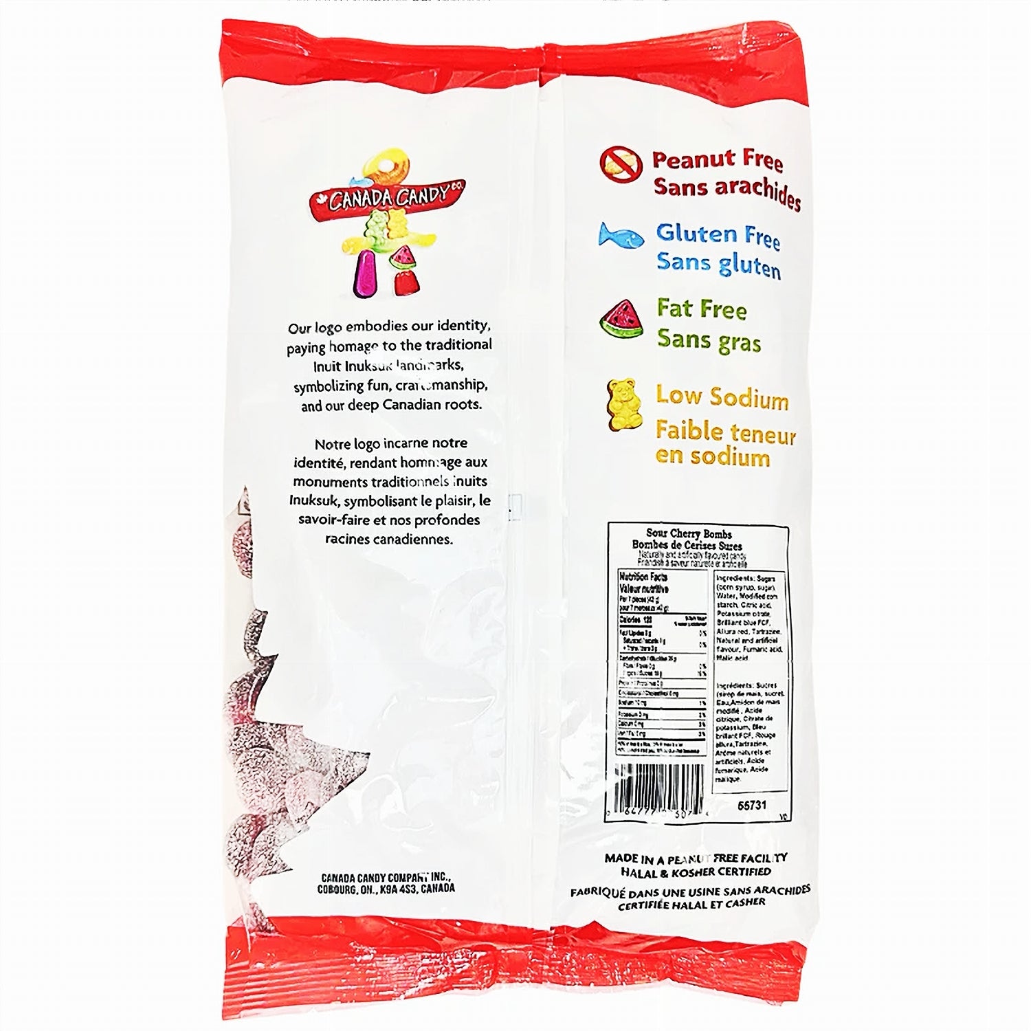 Back of Canada Candy Sour Cherry Bombs 2.5kg bag – certifications and product details