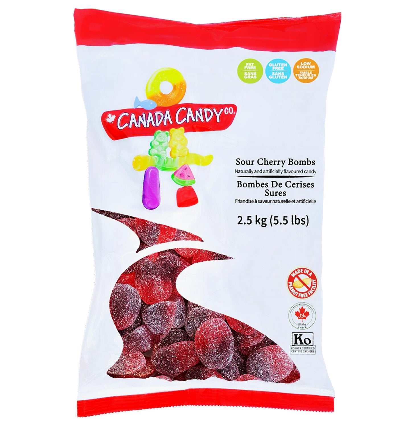 Canada Candy Sour Cherry Bombs 2.5kg bulk bag, front view – Kosher & Halal certified