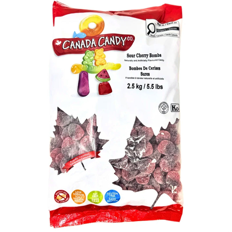 Canada Candy Sour Cherry Bombs 2.5kg bag, front packaging – Peanut Free, Kosher & Halal