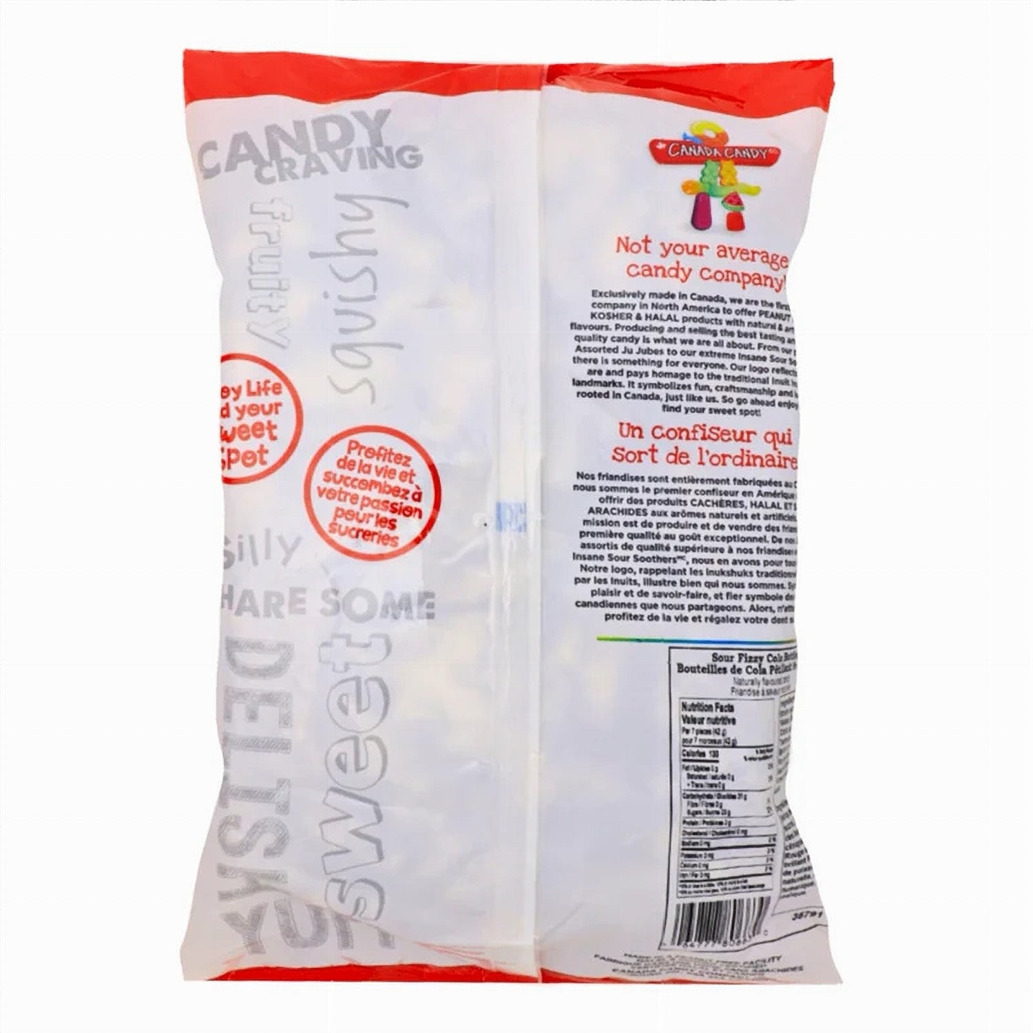 Back of Canada Candy Sour Fizzy Cola Bottles 2.5kg bag – certifications and product details