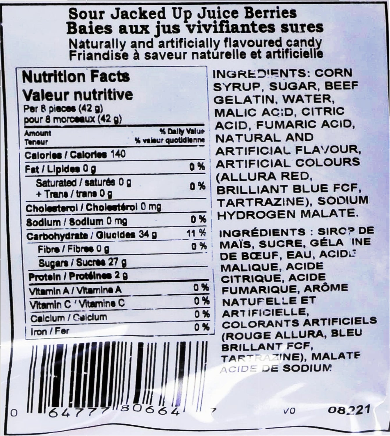 Nutrition facts, ingredients and UPC for Canada Candy Sour Jacked Up Juicy Berries 2.5kg