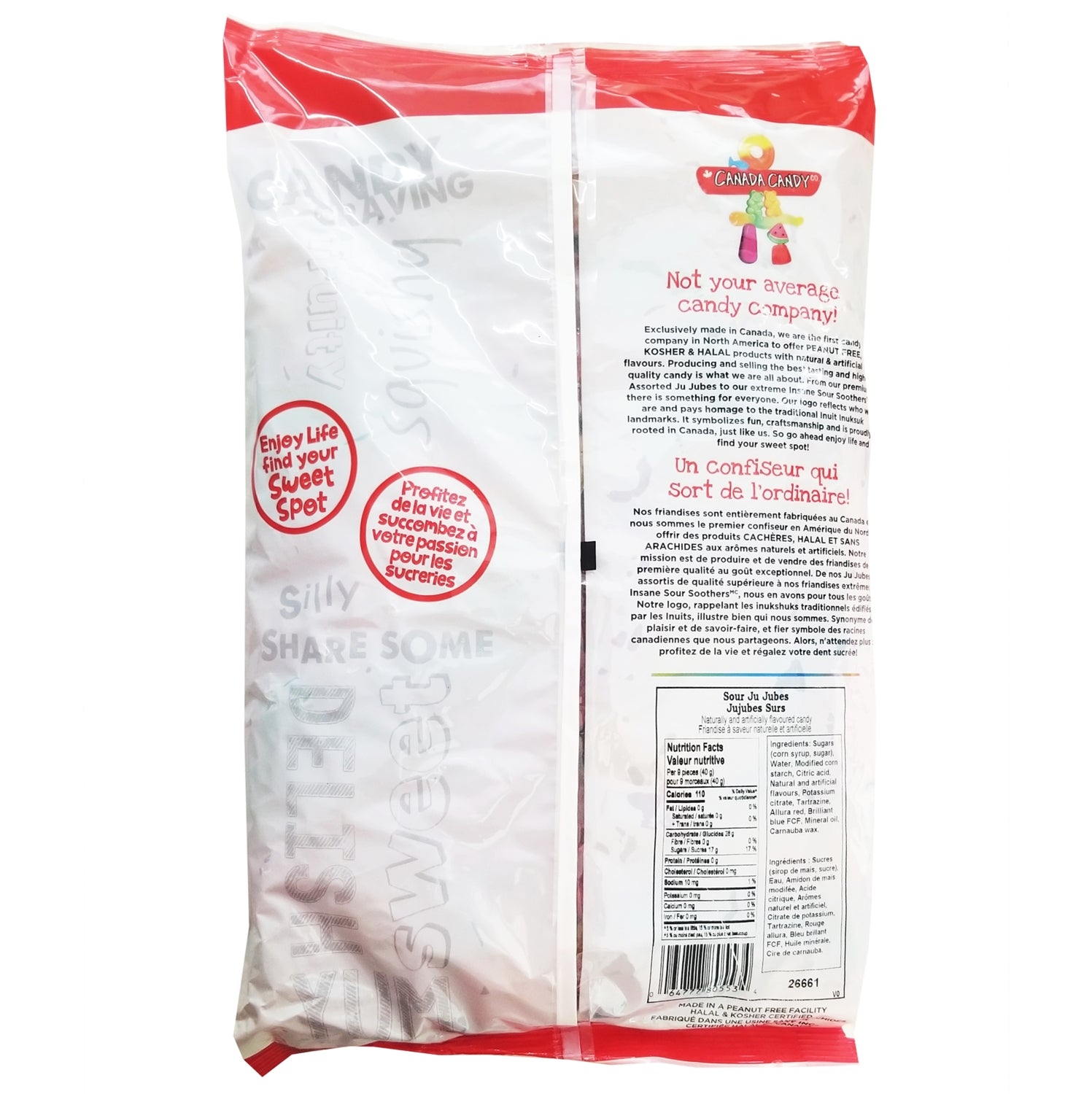 Back of Canada Candy Sour Ju Jubes 2.5kg bag – certifications and product details