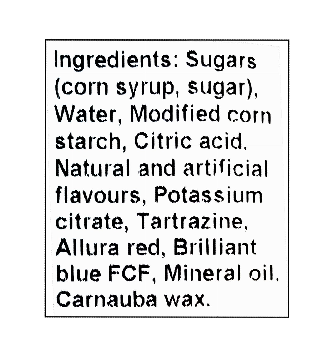 Ingredients list for Canada Candy Sour Ju Jubes 2.5kg – Peanut Free, Gluten Free, Kosher & Halal