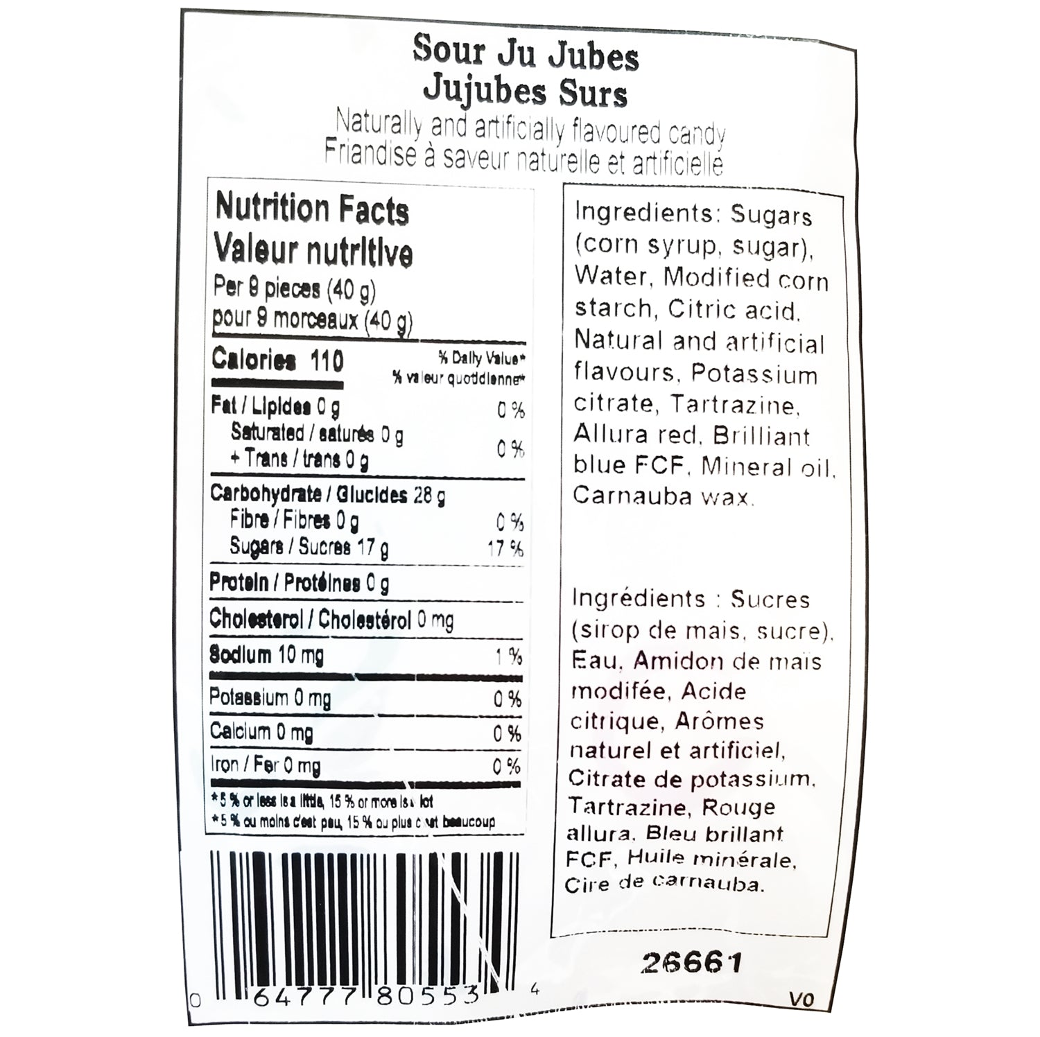 Nutrition and ingredients label for Canada Candy Sour Ju Jubes 2.5kg – Kosher & Halal certified