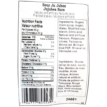 Nutrition and ingredients label for Canada Candy Sour Ju Jubes 2.5kg – Kosher & Halal certified