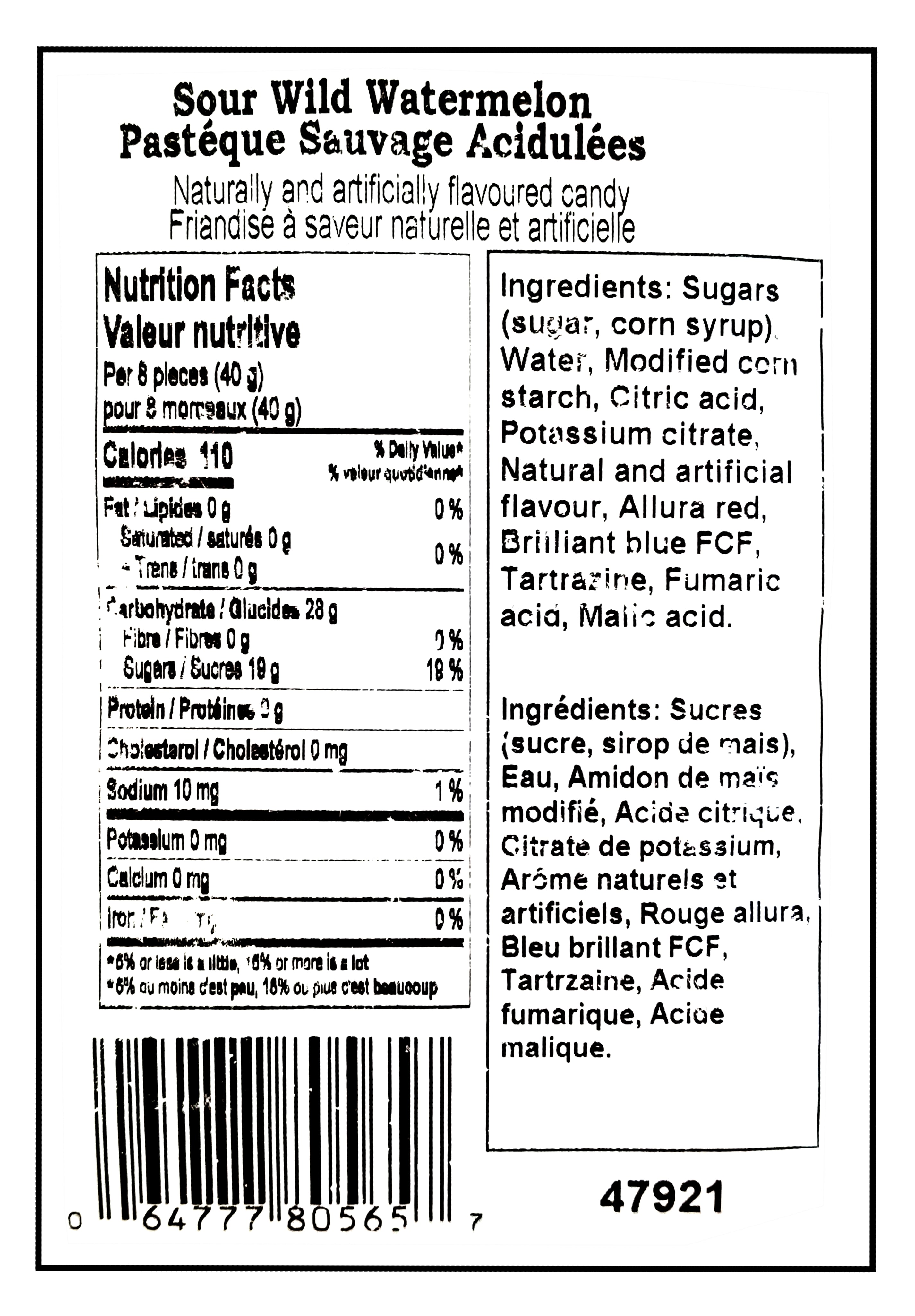 Canada Candy Sour Wild Watermelon Gummy Candy, 2.5kg/5.5 lbs. - Nutrition Facts & Ingredients Label