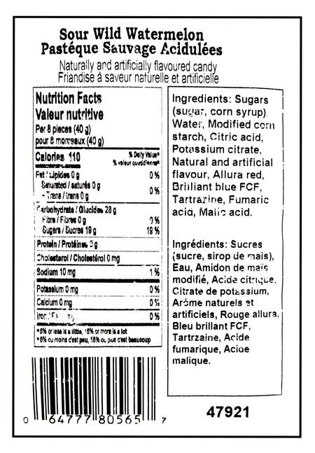 Canada Candy Sour Wild Watermelon Gummy Candy, 2.5kg/5.5 lbs. - Nutrition Facts & Ingredients Label
