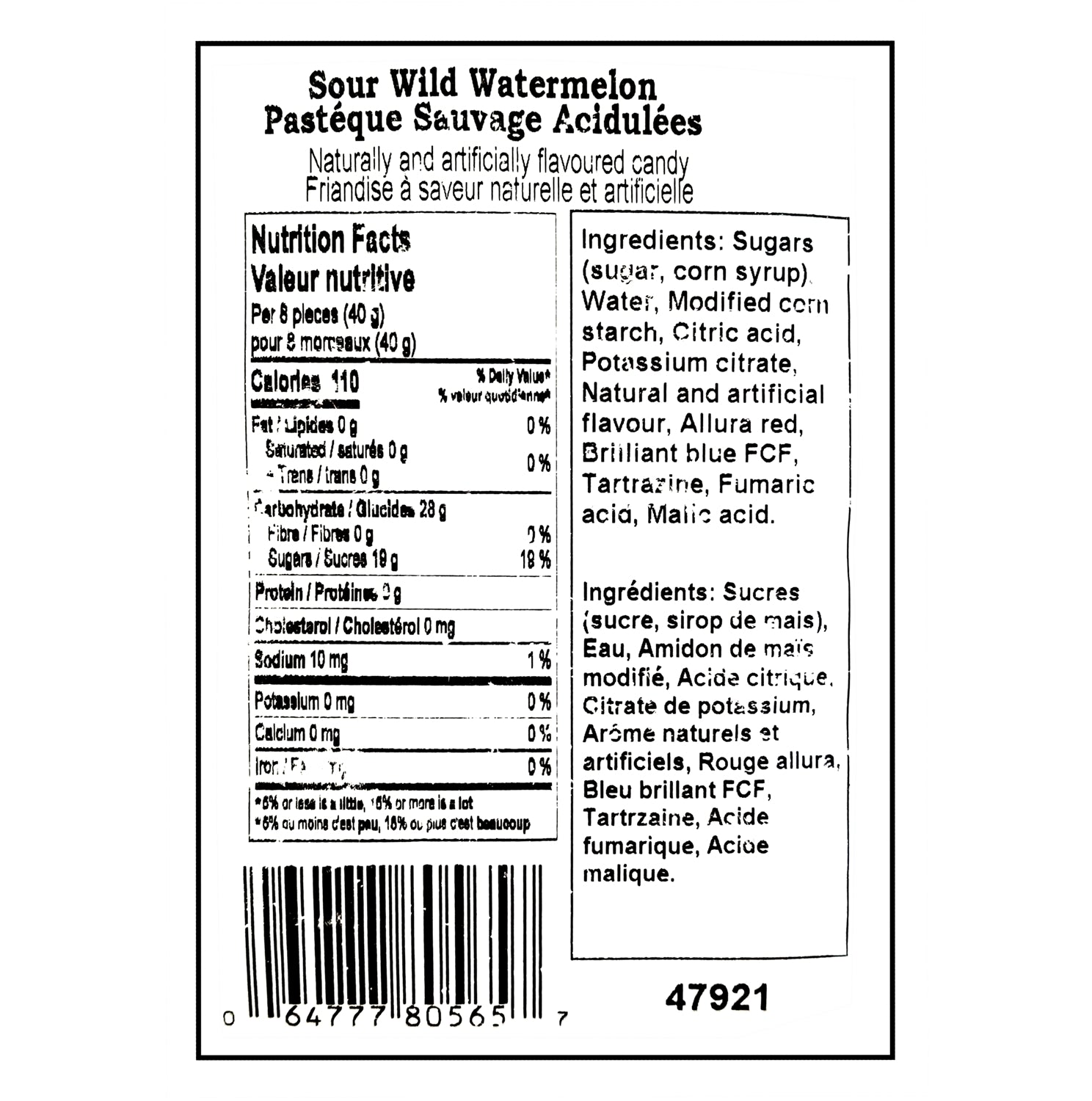 Nutrition facts, ingredients and UPC for Canada Candy Sour Wild Watermelon Gummies 2.5kg