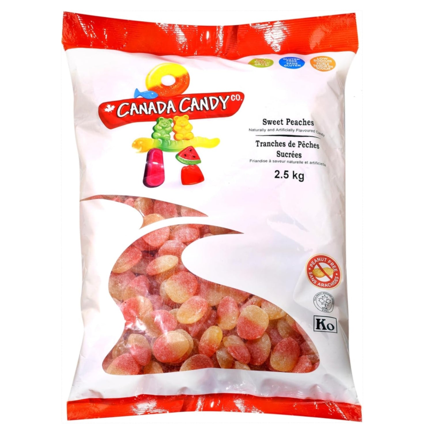 Canada Candy Sweet Peach Gummies 2.5kg bag, front packaging – Peanut Free, Kosher & Halal