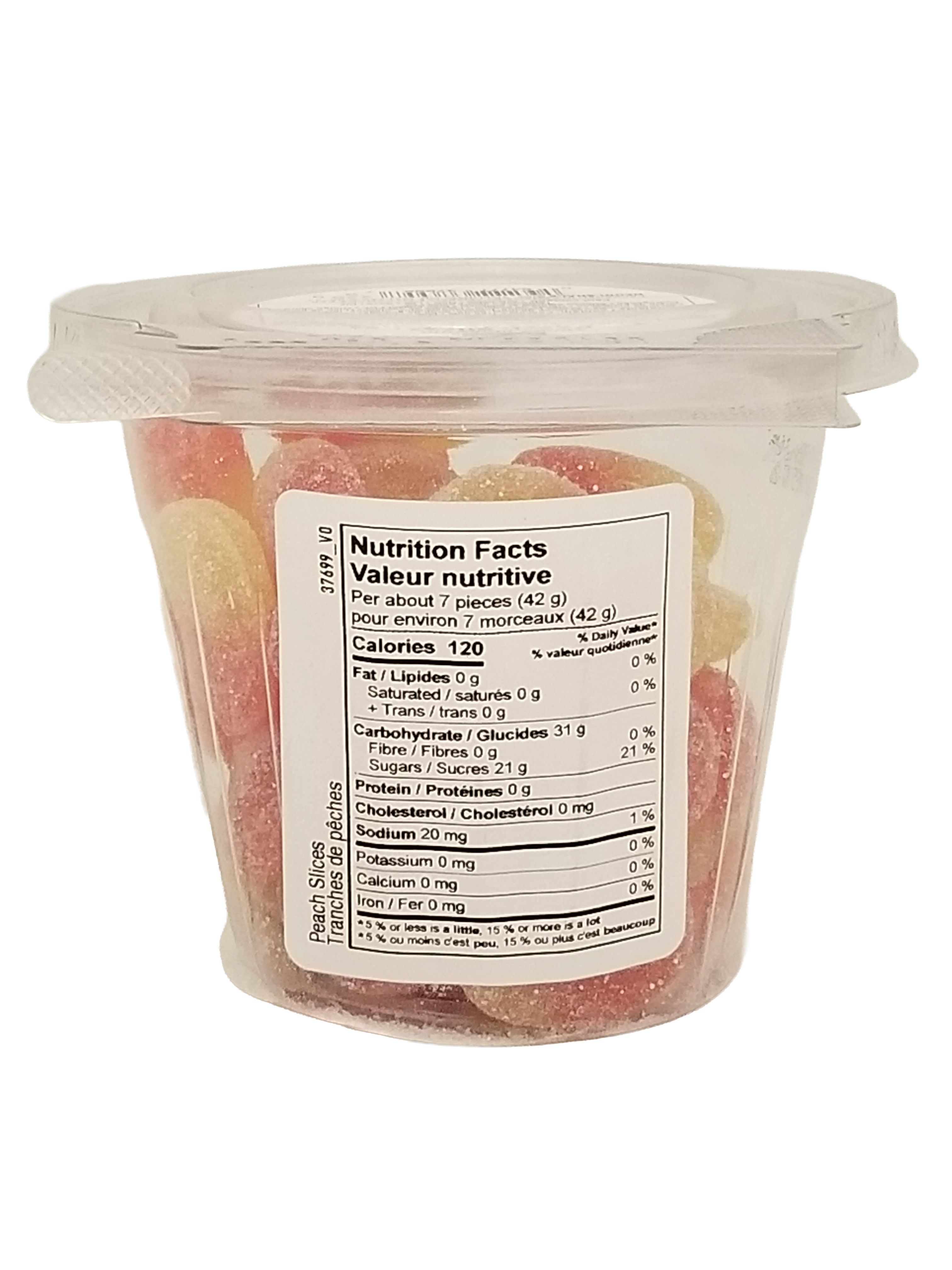 Container of Candy Kingdom Peach Slices Gummies with a nutrition facts label on a white background