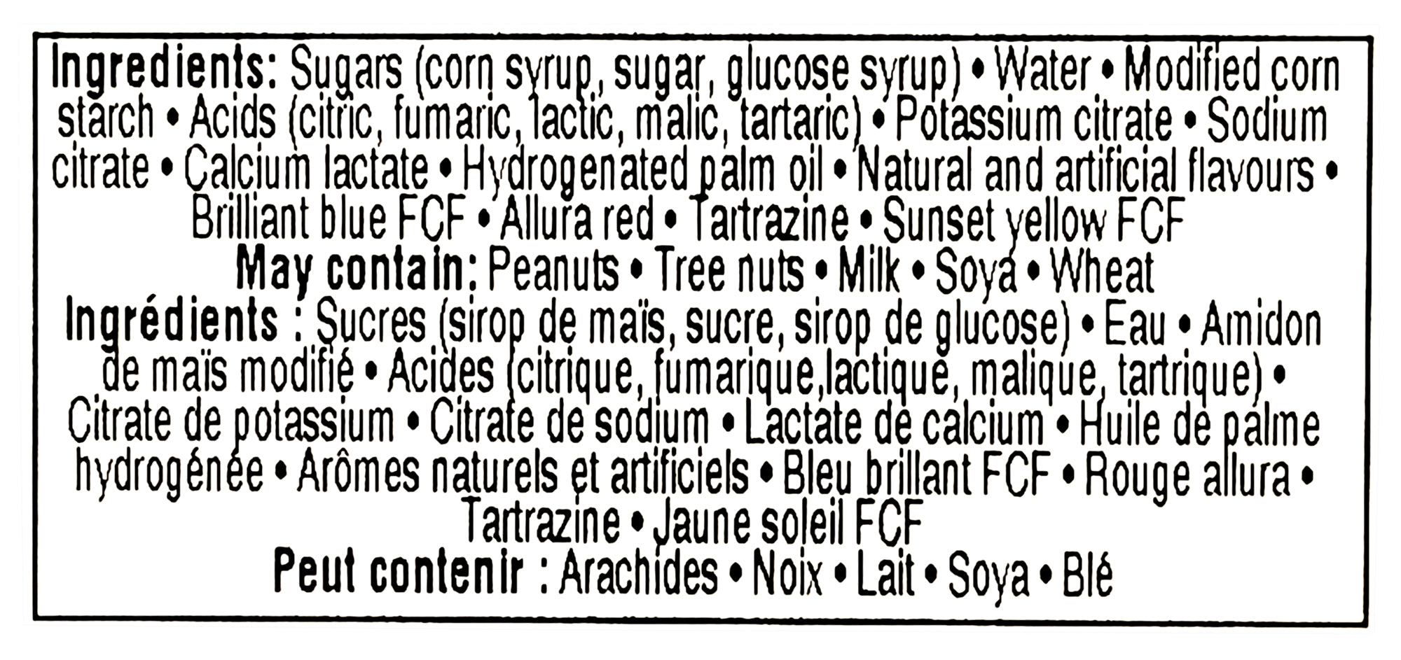 Ingredients list for Candy Kingdom Peach Slices Gummies on a white background