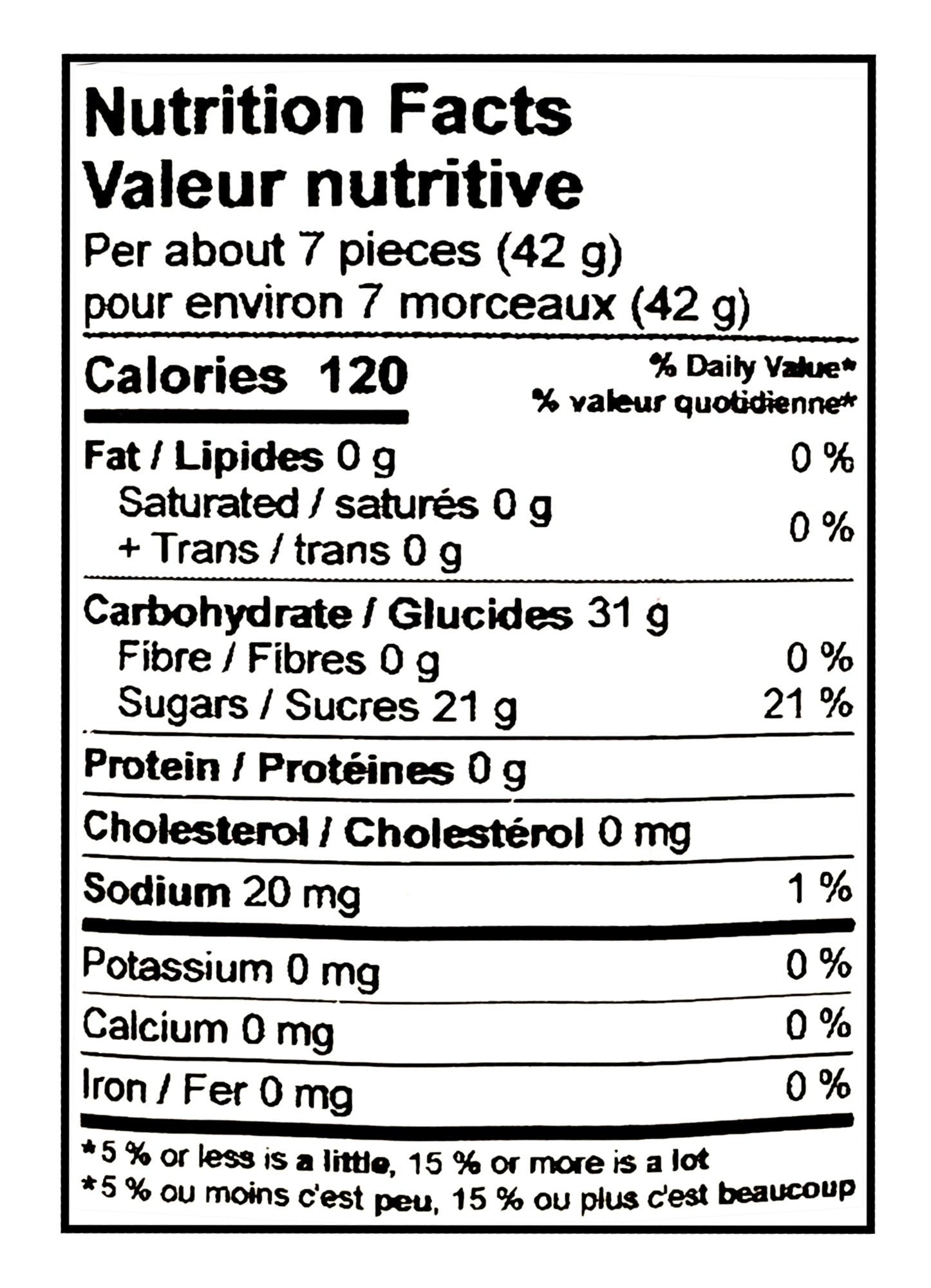 Nutrition facts label for Candy Kingdom Peach Slices Gummies with 120 calories, 31g of carbohydrates, and 21g of sugars per serving.