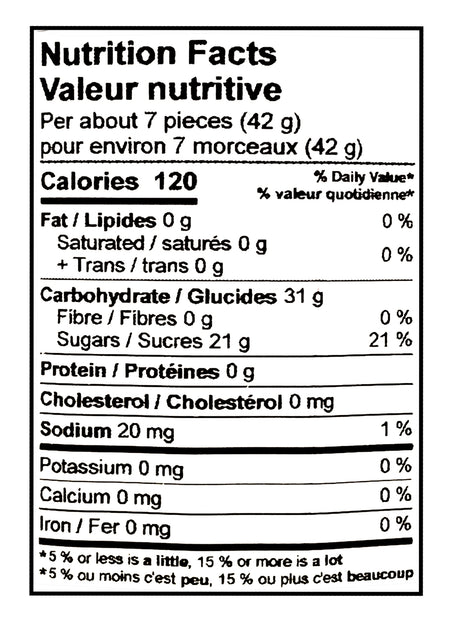Nutrition facts label for Candy Kingdom Peach Slices Gummies with 120 calories, 31g of carbohydrates, and 21g of sugars per serving.