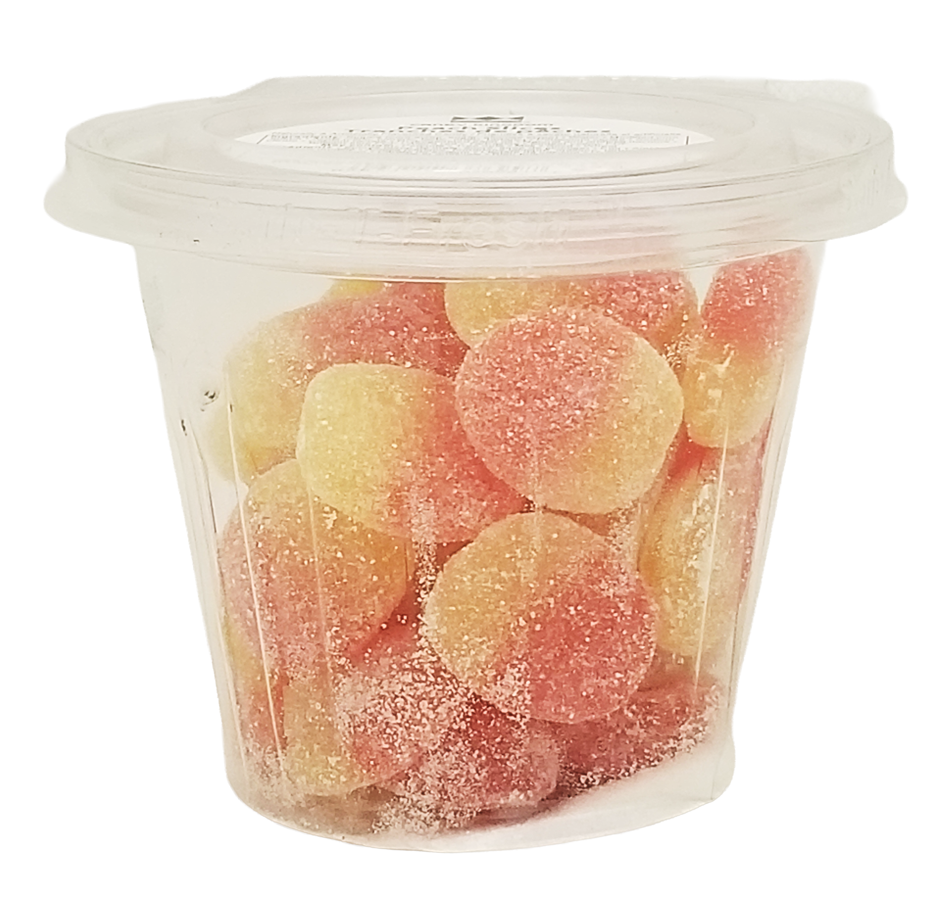 Clear container of Candy Kingdom Peach Slices Gummies on a white background