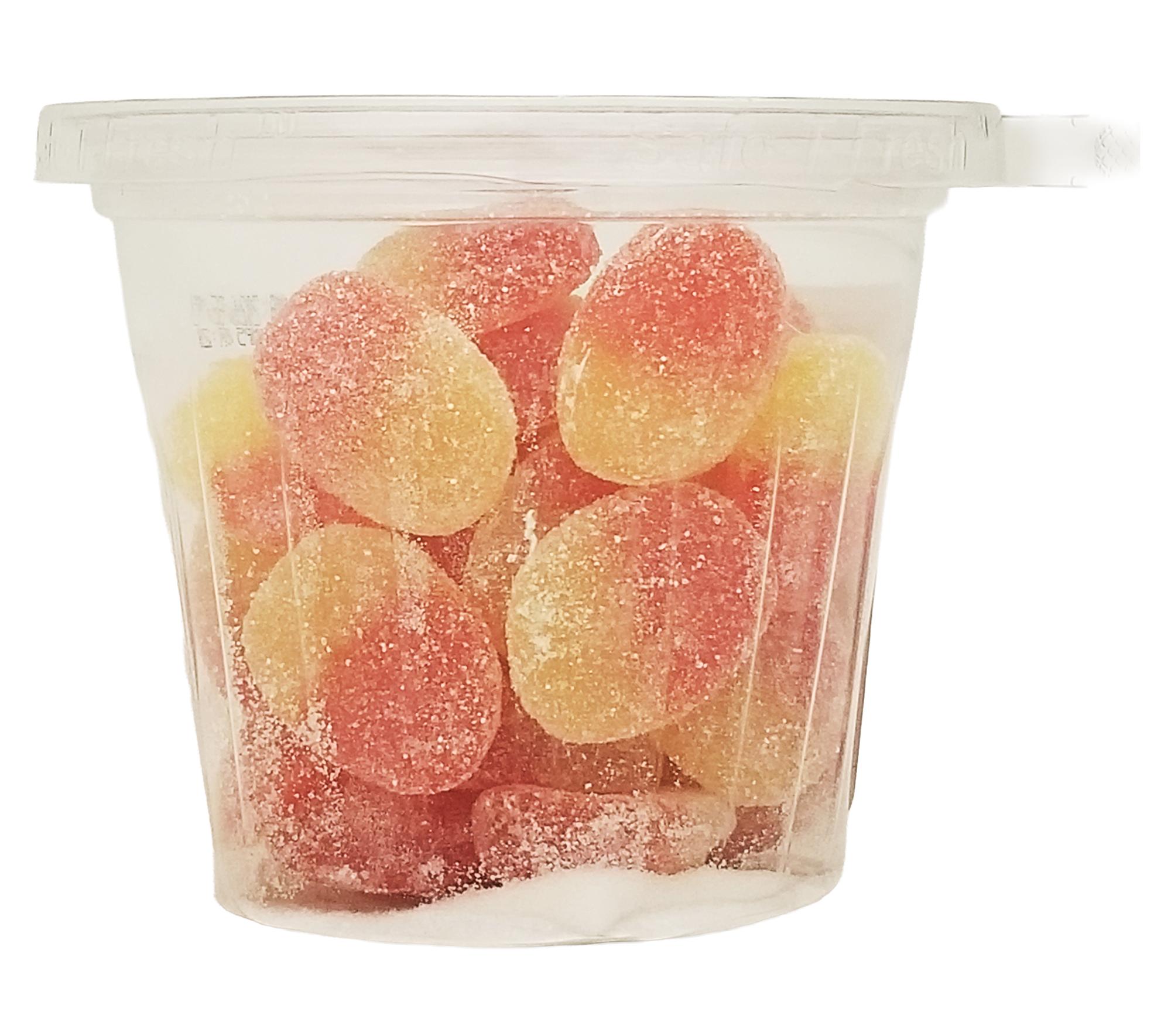 Clear container filled with Candy Kingdom Peach Slices Gummies on a white background