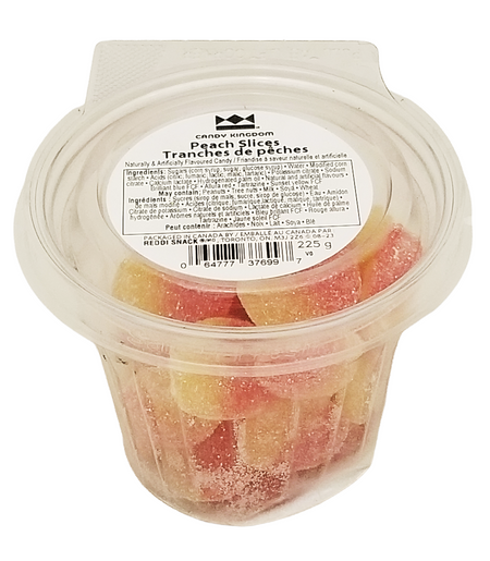 Container of Candy Kingdom Peach Slices Gummies with a label on a white background