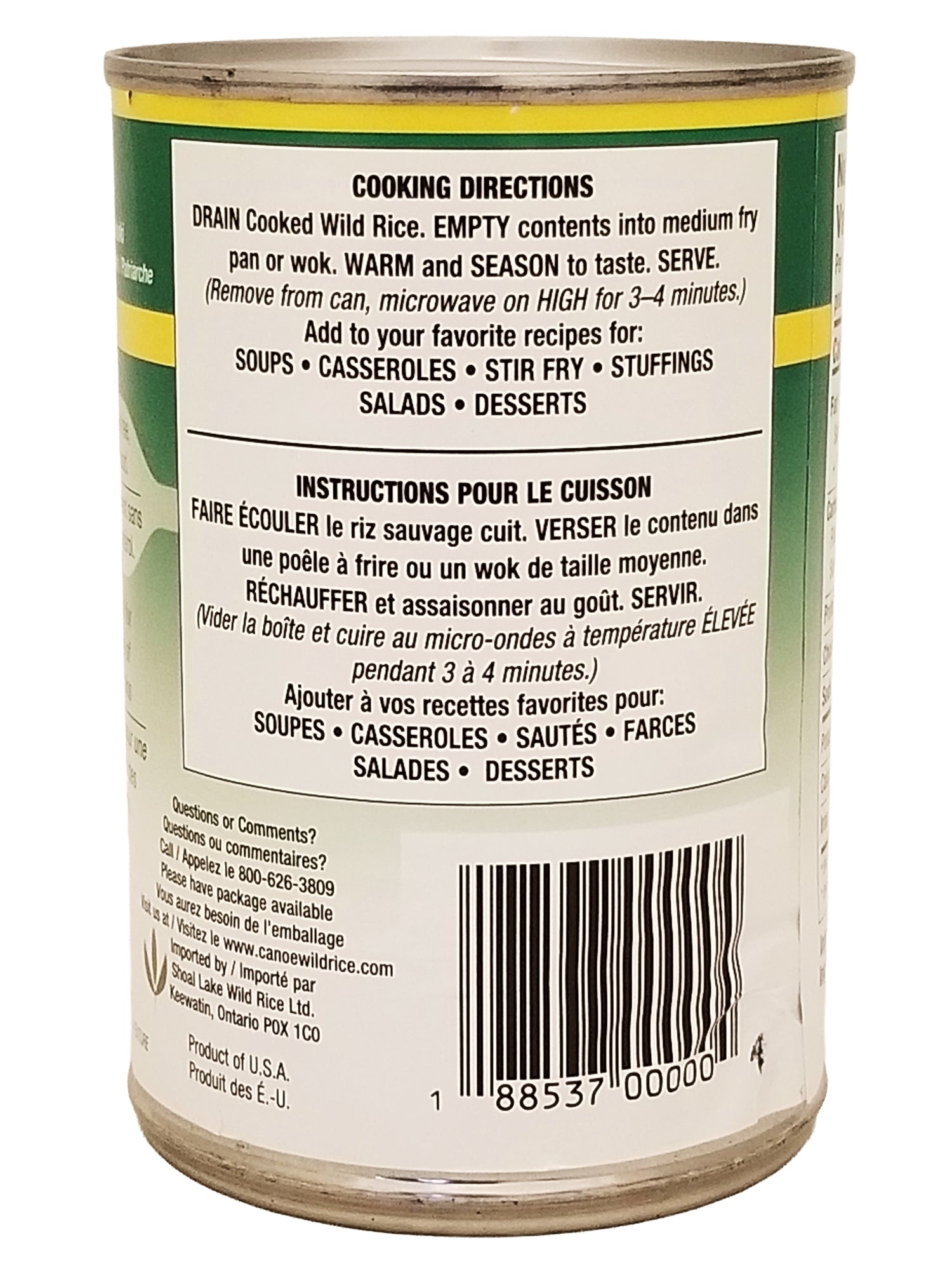 Back of a Canoe Cooked Wild Rice, Premium Quality - 425ml can with cooking instructions and barcode