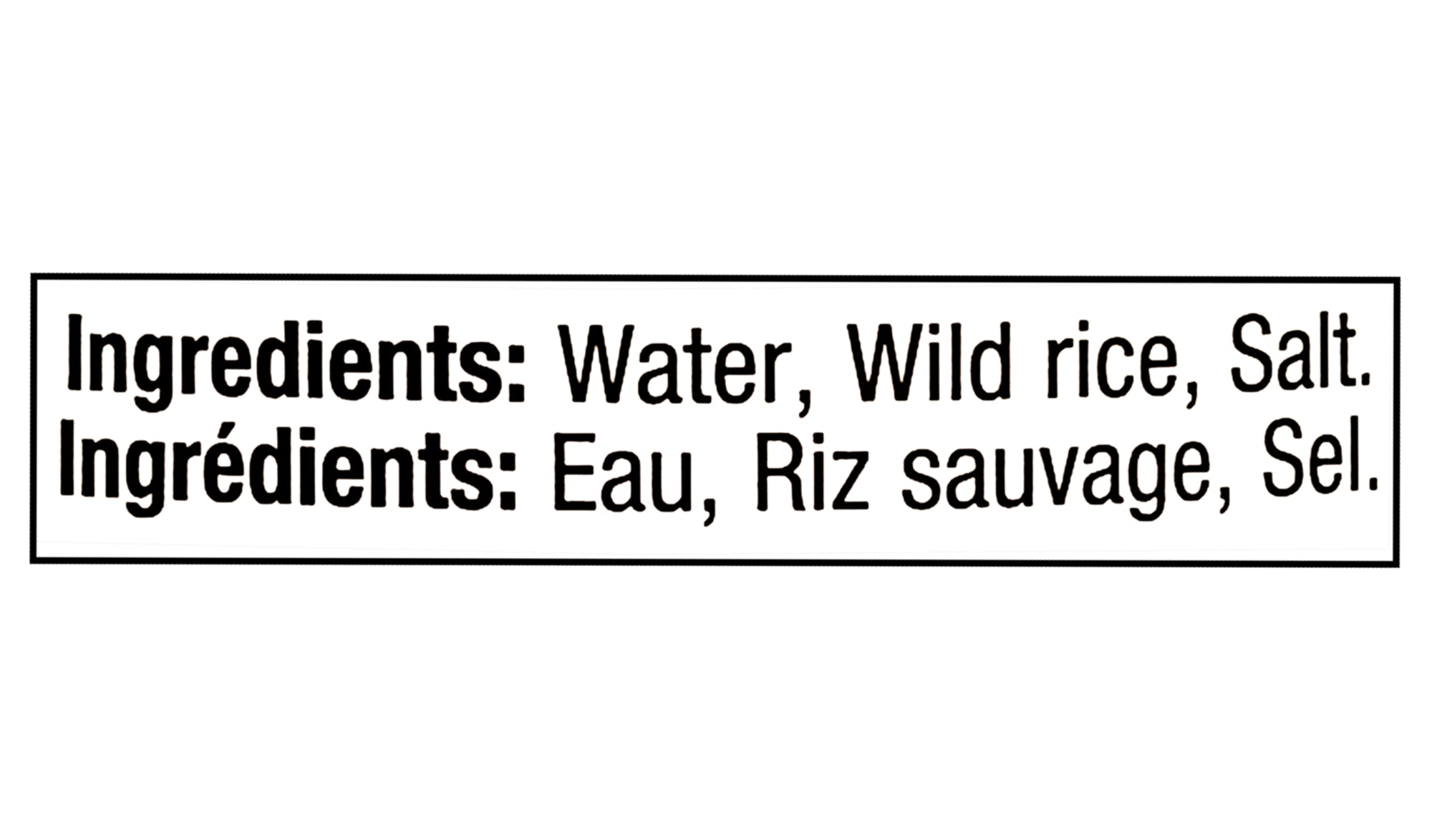 Text displaying ingredients list for Canoe Cooked Wild Rice, Premium Quality - 425ml with water, wild rice, and salt on a white background