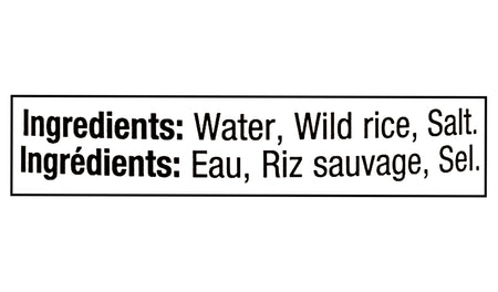 Text displaying ingredients list for Canoe Cooked Wild Rice, Premium Quality - 425ml with water, wild rice, and salt on a white background