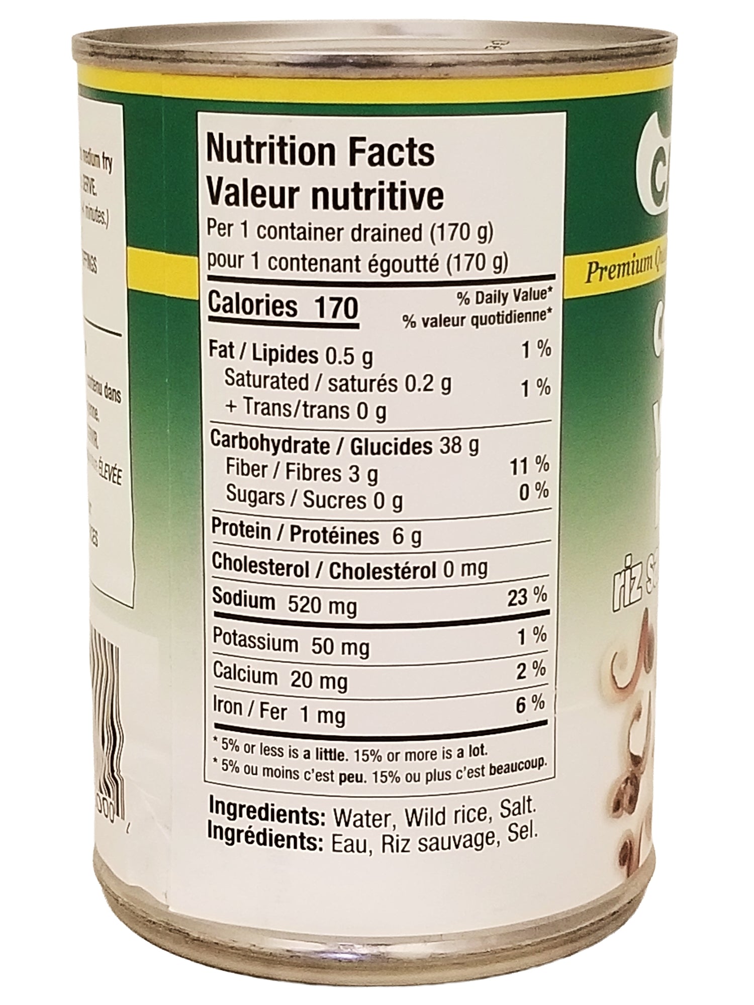 Can of Canoe Cooked Wild Rice, Premium Quality - 425ml with nutrition facts label on a white background
