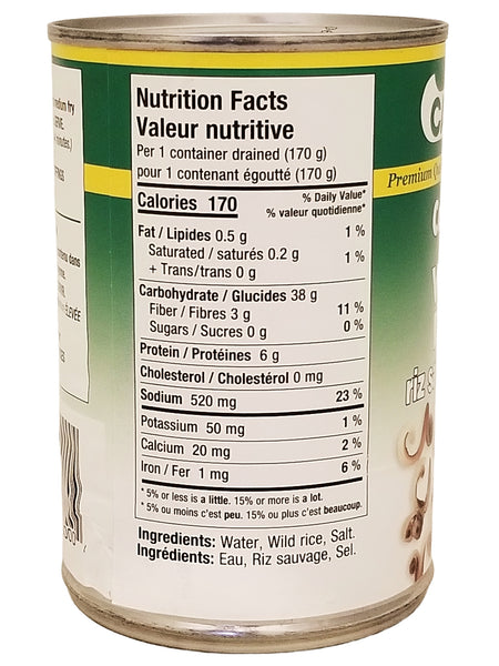 Can of Canoe Cooked Wild Rice, Premium Quality - 425ml with nutrition facts label on a white background