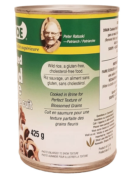 Can of Canoe Wild Rice with branding and text on a white background