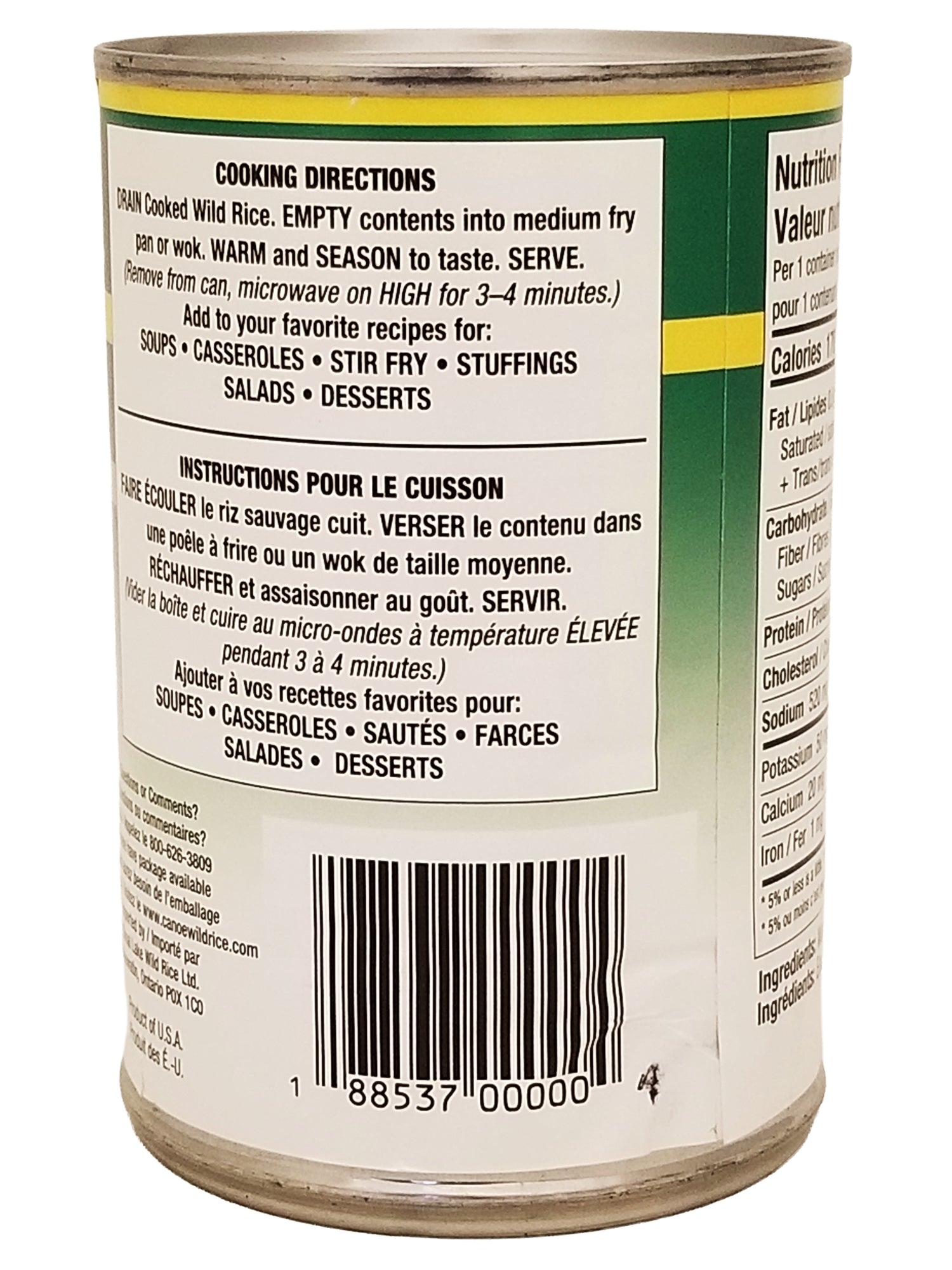 Back of Canoe Cooked Wild Rice, Premium Quality - 425ml with cooking directions and nutrition label