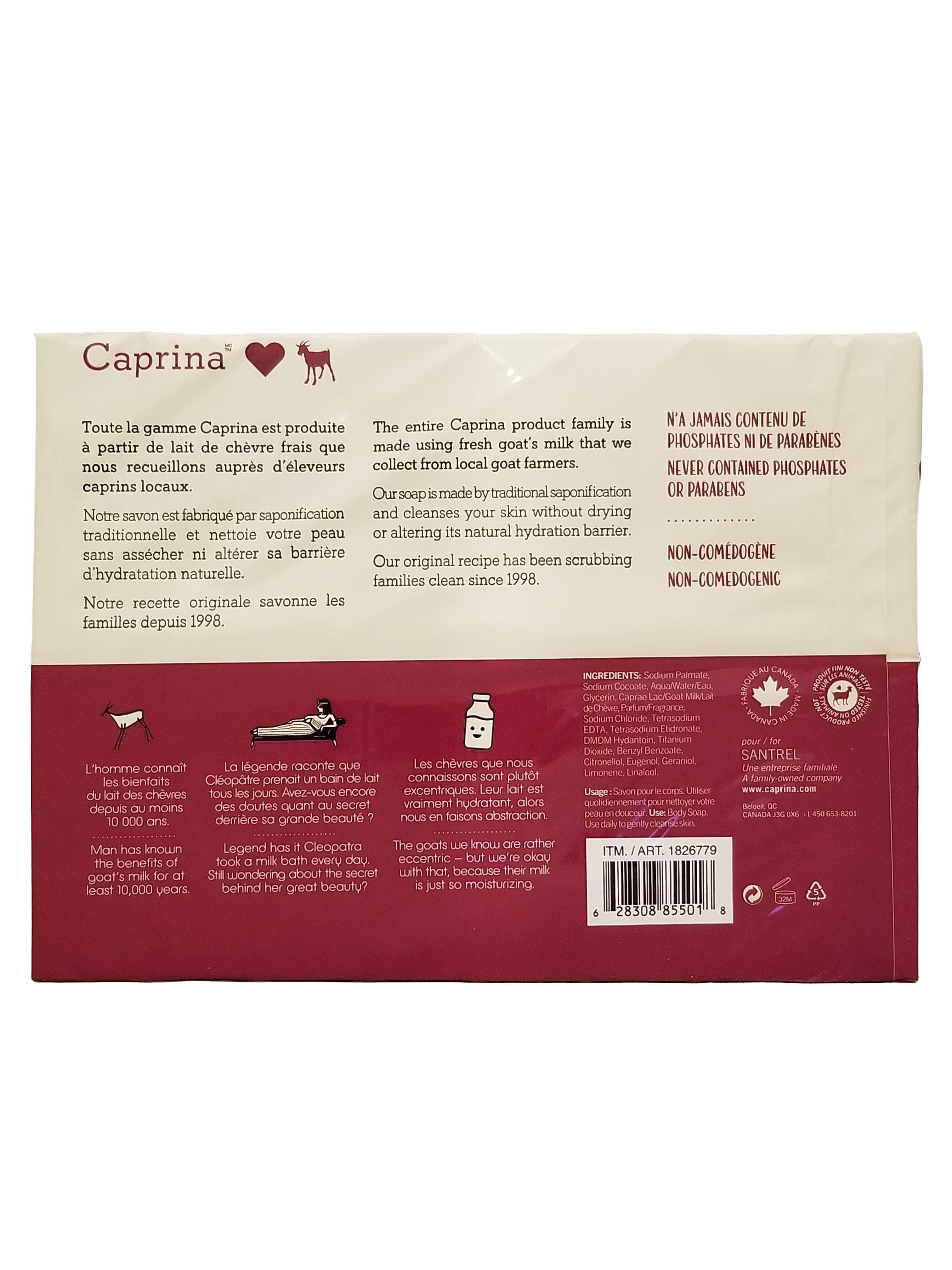Back of Caprina Fresh Goat's Milk Soap Original Formula, 16 bars, 1.76kg/62 oz with text and logos.