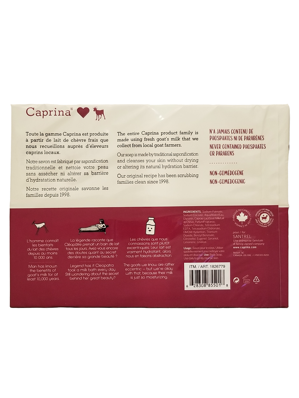 Back of Caprina Fresh Goat's Milk Soap Original Formula, 16 bars, 1.76kg/62 oz with text and logos.