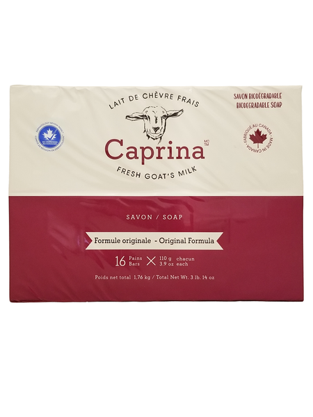 Package of Caprina Fresh Goat's Milk Soap Original Formula, 16 bars, 1.76kg/62 oz on a white background