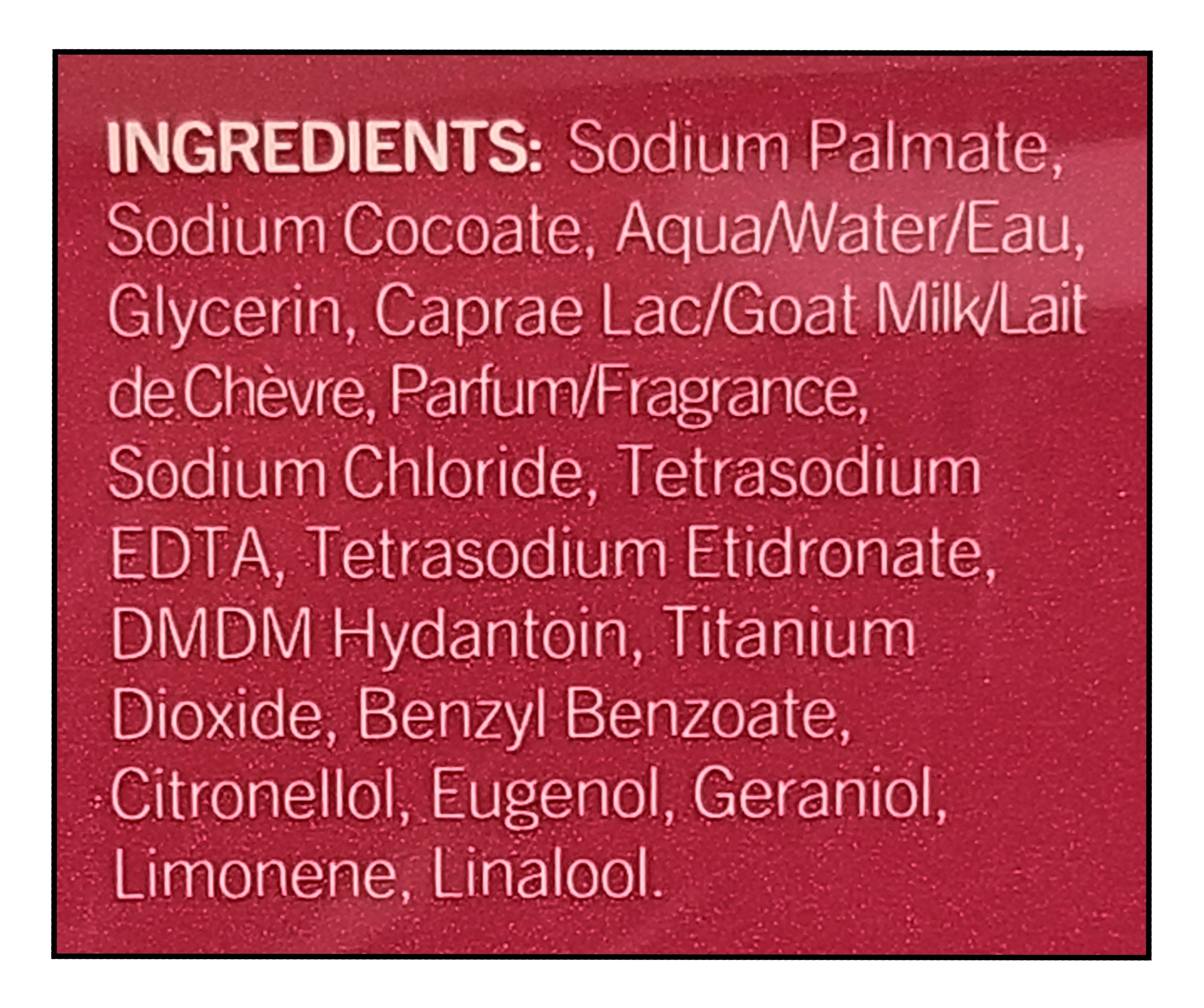 List of ingredients for Caprina Fresh Goat's Milk Soap Original Formula, 16 bars, 1.76kg/62 oz on a red background