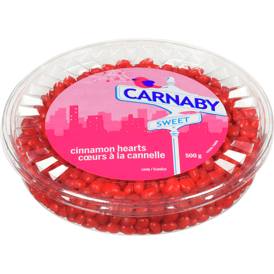 Carnaby Sweet Valentine's Day Cinnamon Hearts Candy, 500g/17.6 oz - Front Of Tub