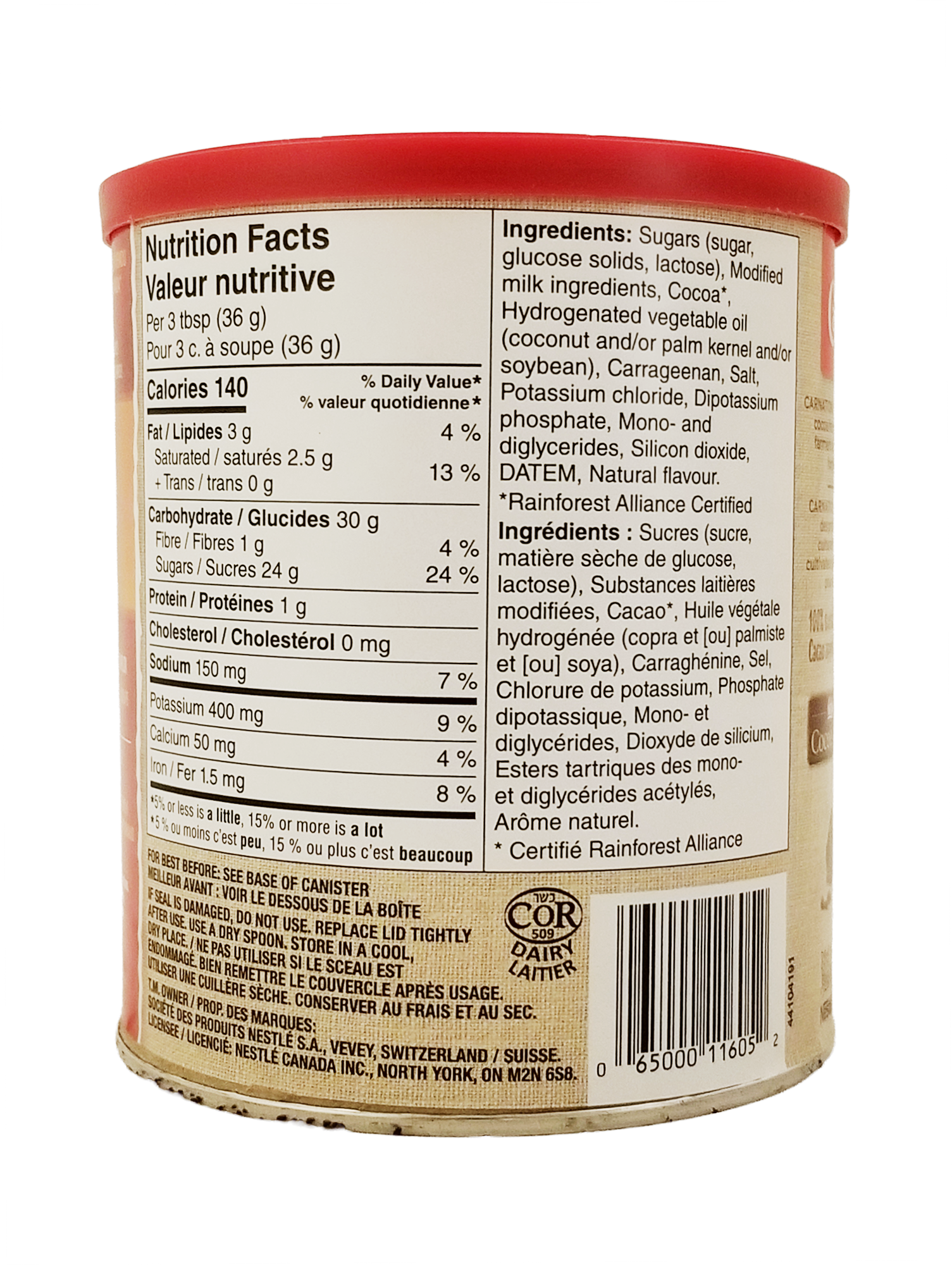 Nutrition facts label on a Carnation Rich and Creamy Hot Chocolate Mix, Canister - 450g container with a red lid.