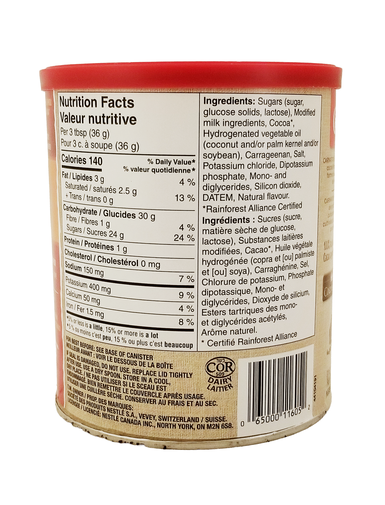 Back of Carnation Rich and Creamy Hot Chocolate Mix, Canister - 450g with nutrition facts and ingredient list on a white background