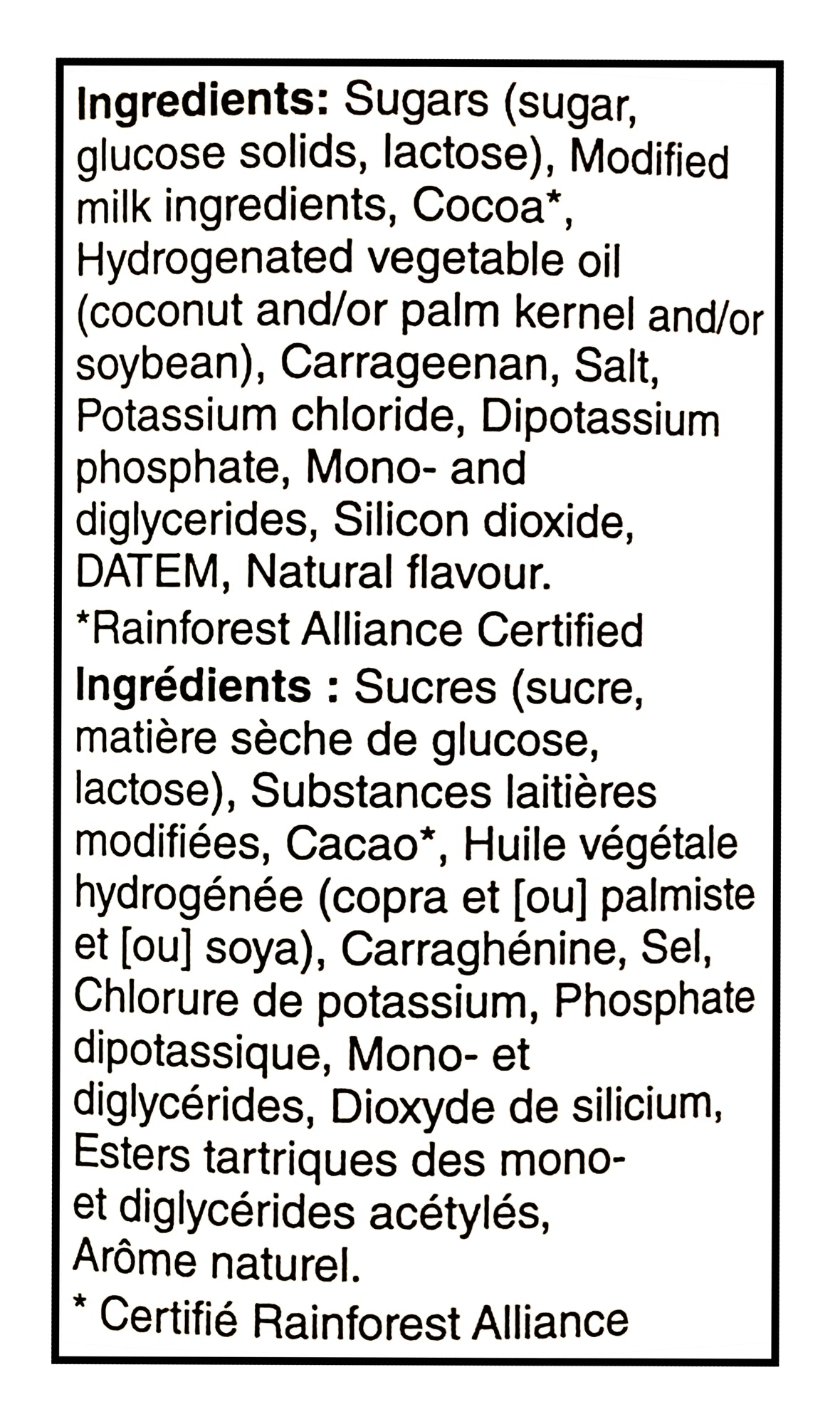 Ingredients list for Carnation Rich and Creamy Hot Chocolate Mix, Canister - 450g with a black border