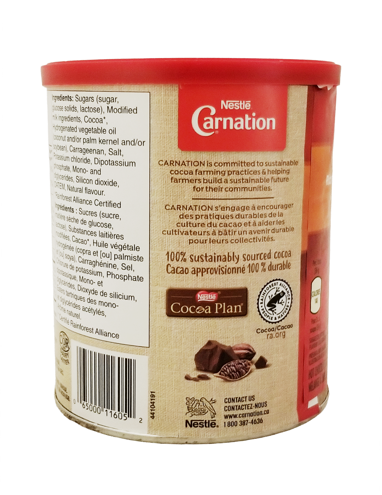 Carnation Rich and Creamy Hot Chocolate Mix, Canister - 450g packaging with visible branding and information.