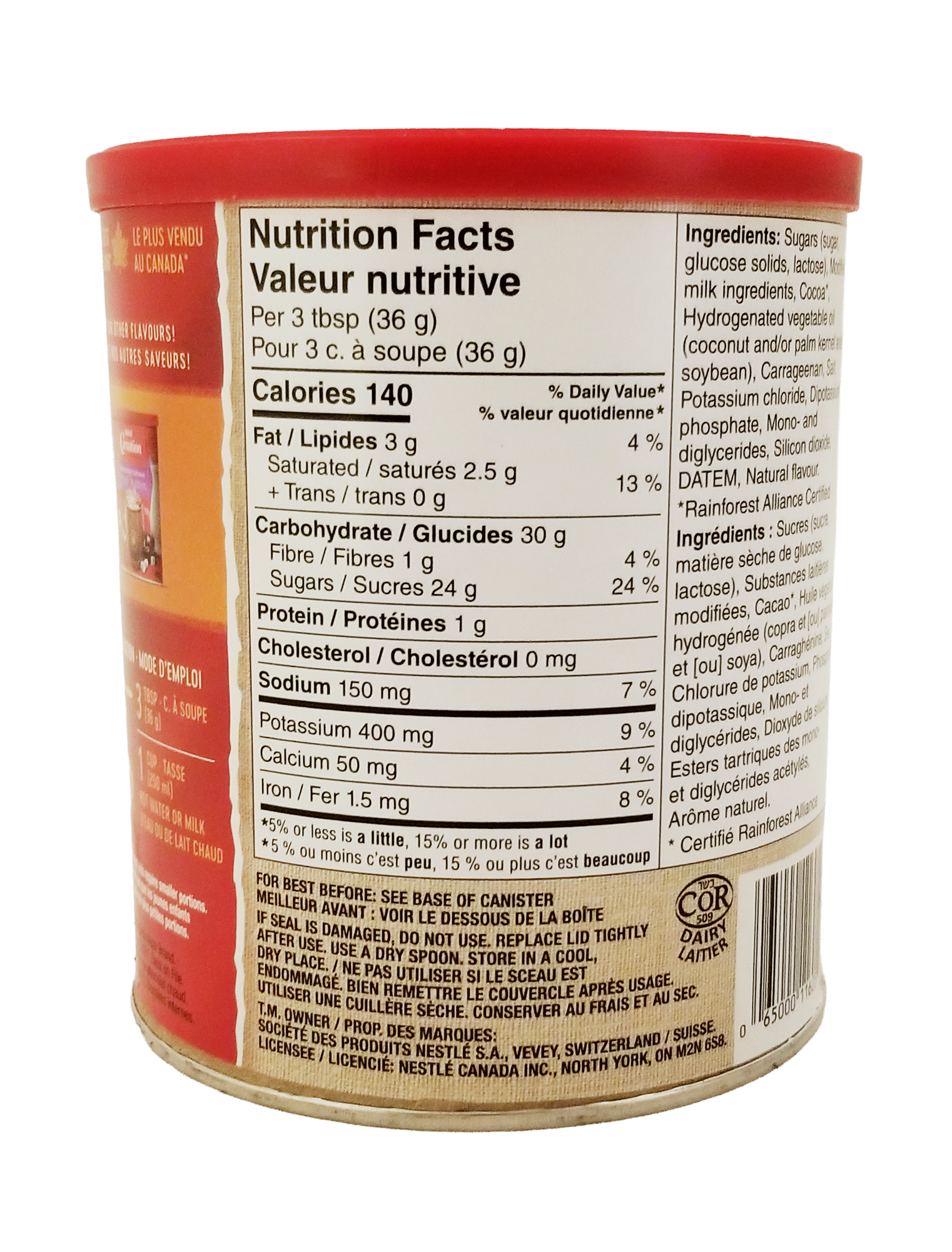 Nutrition facts label on a Carnation Rich and Creamy Hot Chocolate Mix, Canister - 450g container with a red lid.