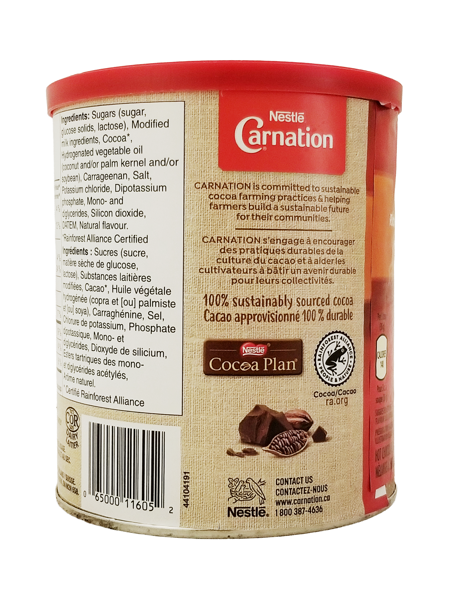 Carnation Rich and Creamy Hot Chocolate Mix, Canister - 450g container with red lid and visible branding.