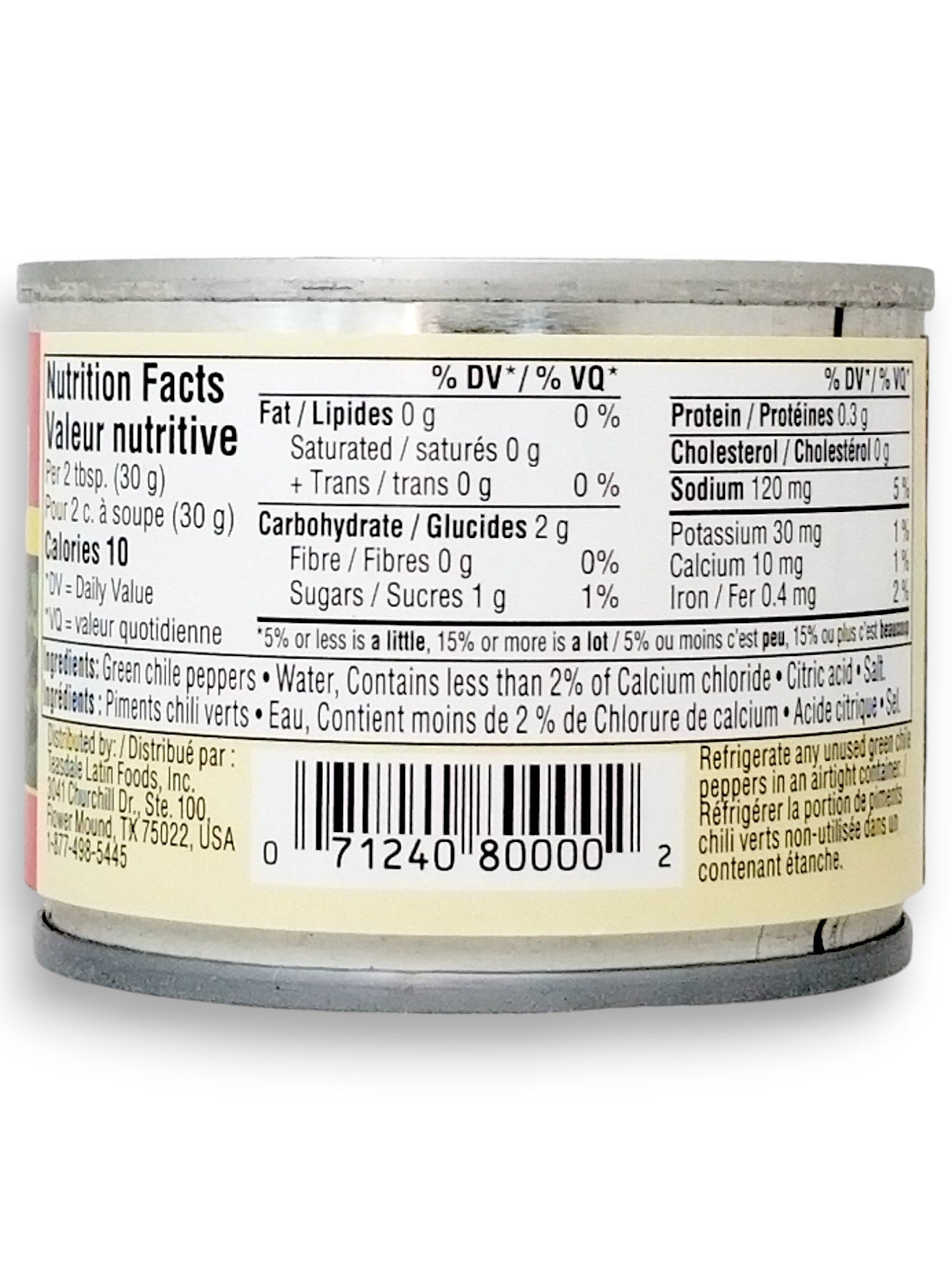 Back of Casa Fiesta Diced Green Chiles, Mild, 118mL/4 fl. oz. Can