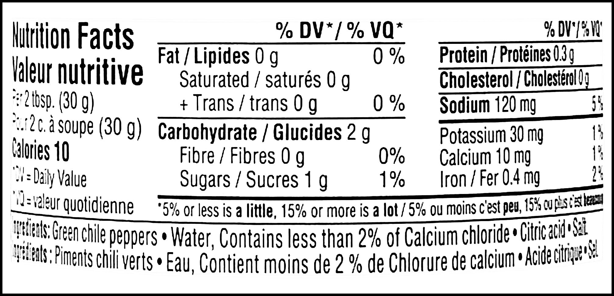 Nutrition facts & ingredients label of Casa Fiesta Diced Green Chiles, Mild, 118mL/4 fl. oz. Can