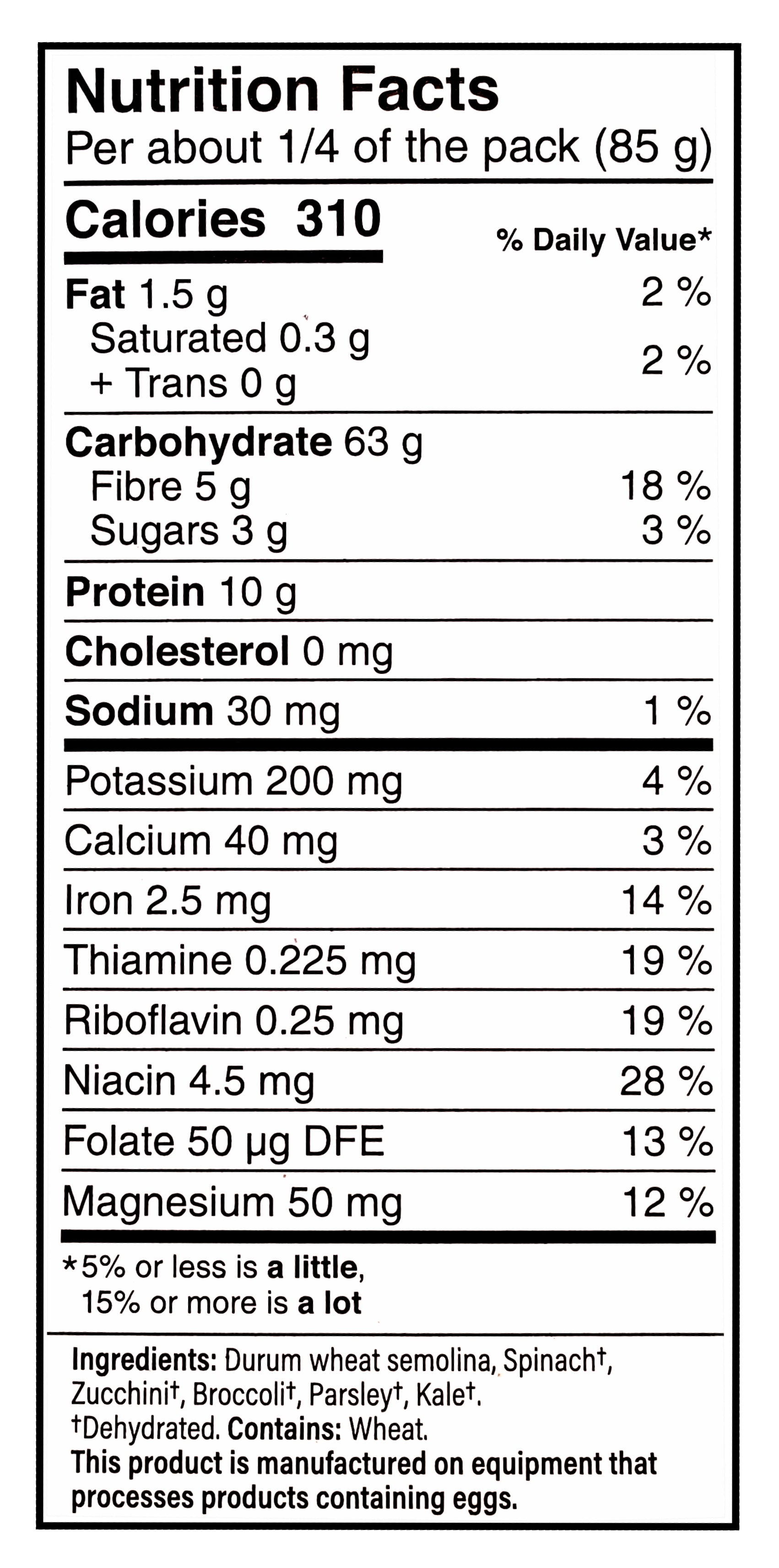 Catelli Super Greens Fusilli Pasta, 300g/10.6 oz - Nutrition Facts