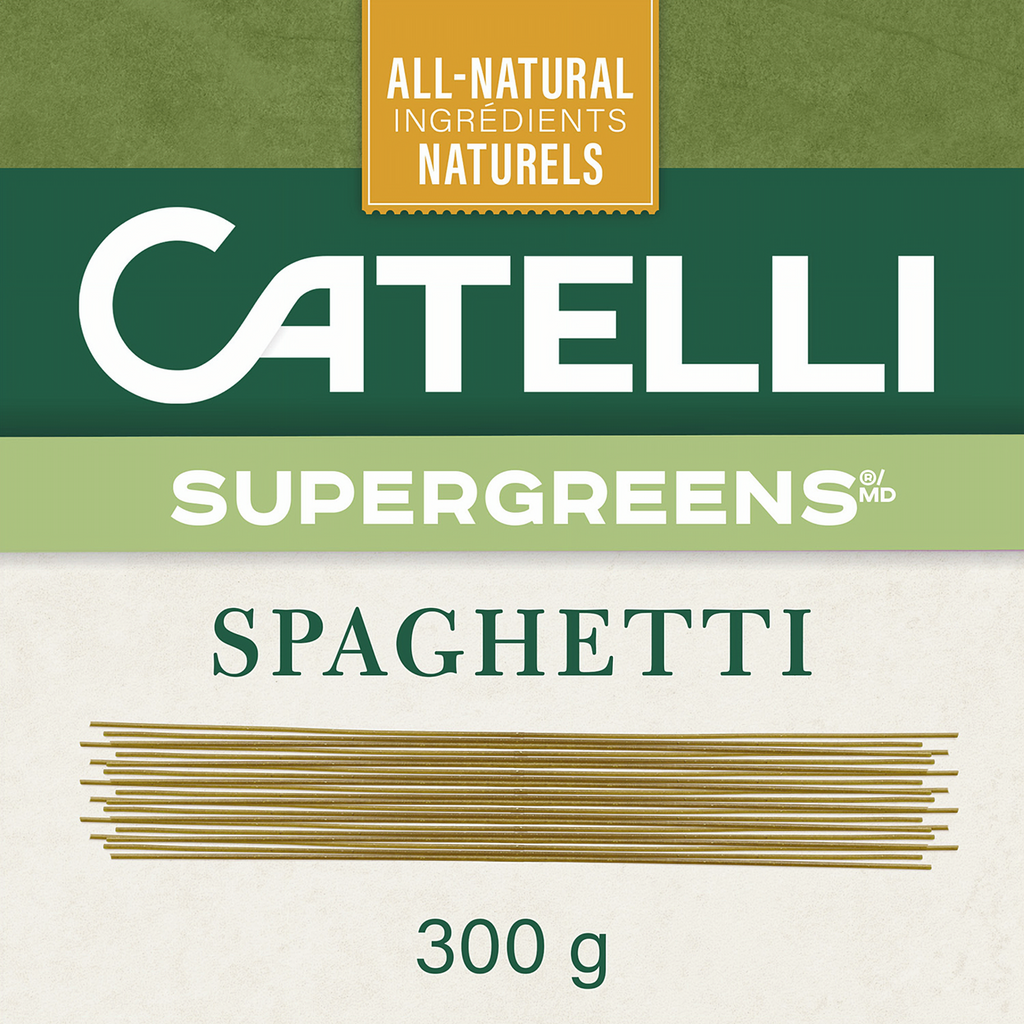 Catelli Supergreens spaghetti packaging with green and beige color scheme.