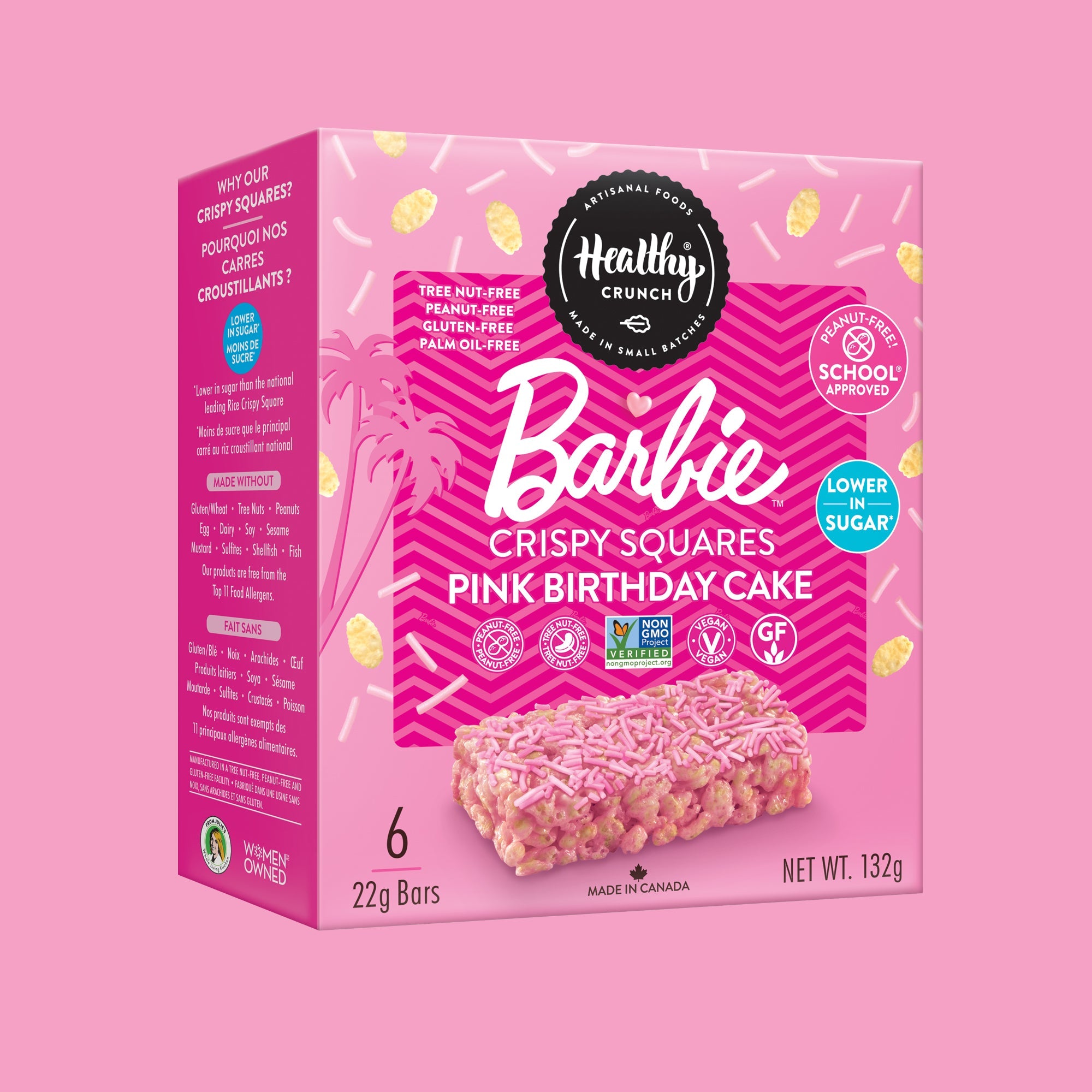 Box of Barbie Crispy Squares Pink Birthday Cake flavor on a pink background